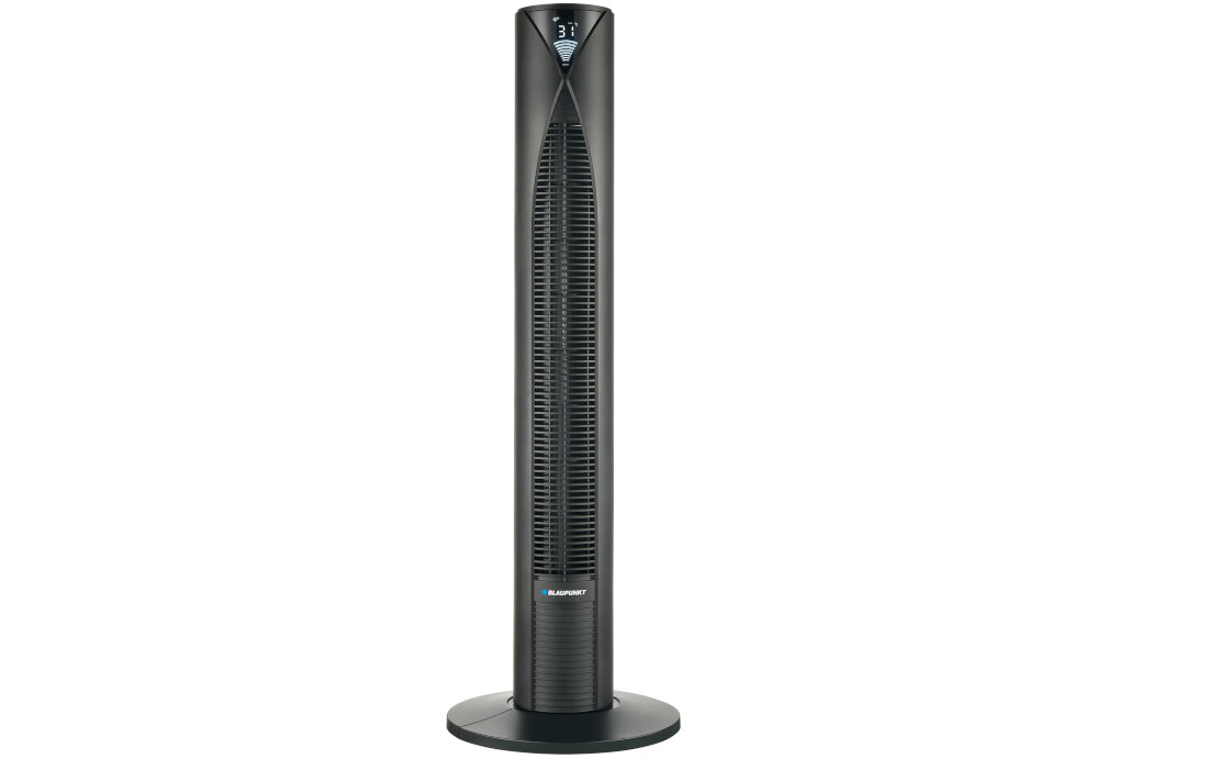 Czarny wentylator kolumnowy z widocznym logo \'BLAUPUNKT\' na dole. Na górze znajduje się wyświetlacz z cyfrą \'3\'.