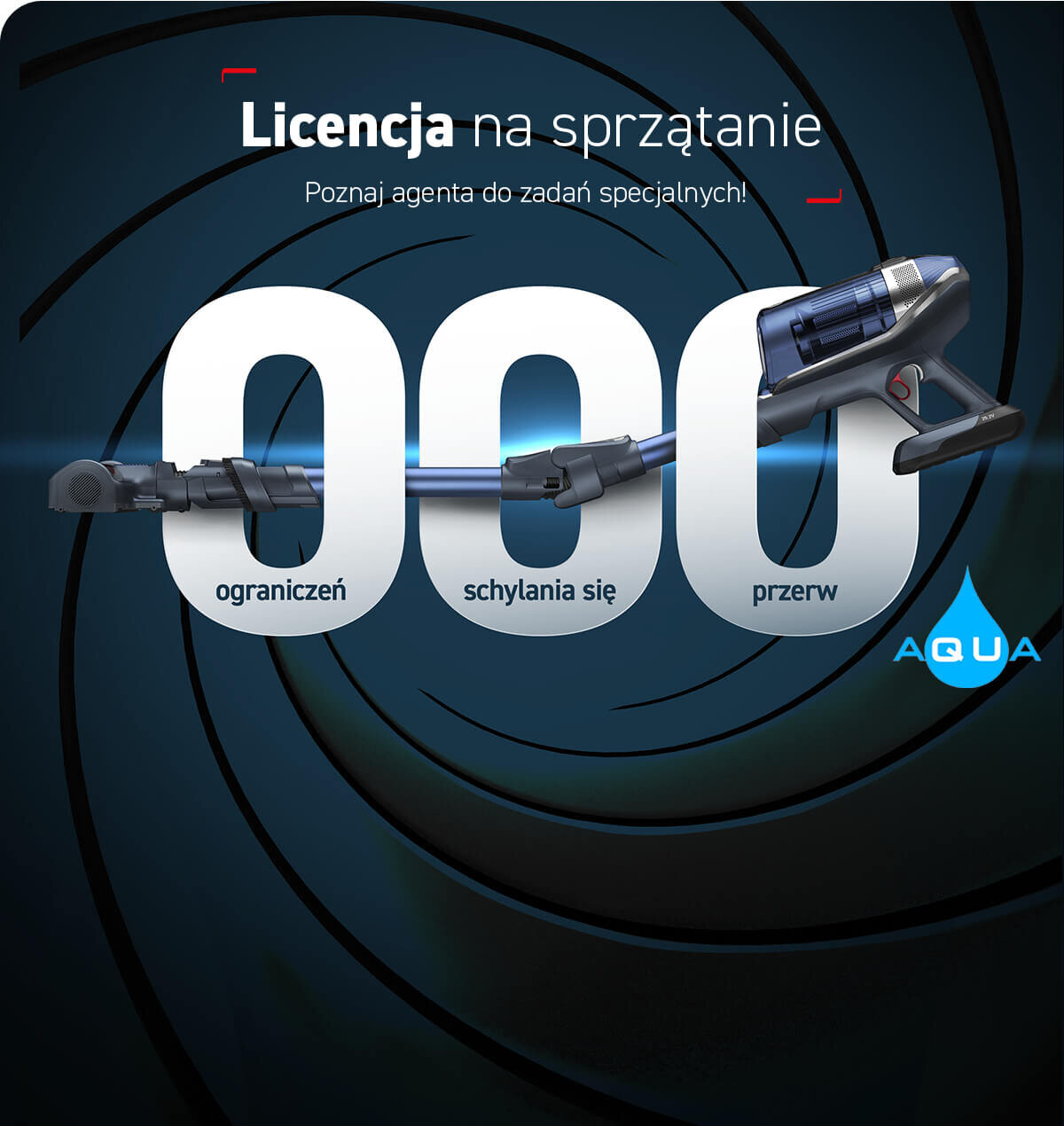 Grafika przedstawia odkurzacz z napisem \'Licencja na sprzątanie\' oraz hasłami \'ograniczeń\', \'schylania się\', \'przerw\'. Widoczne jest logo \'AQUA\'.