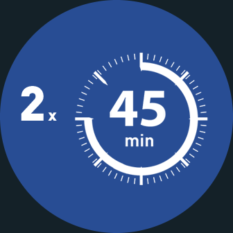 Na niebieskim tle znajduje się biały symbol zegara z napisem \'45 min\' oraz tekst \'2x\'.