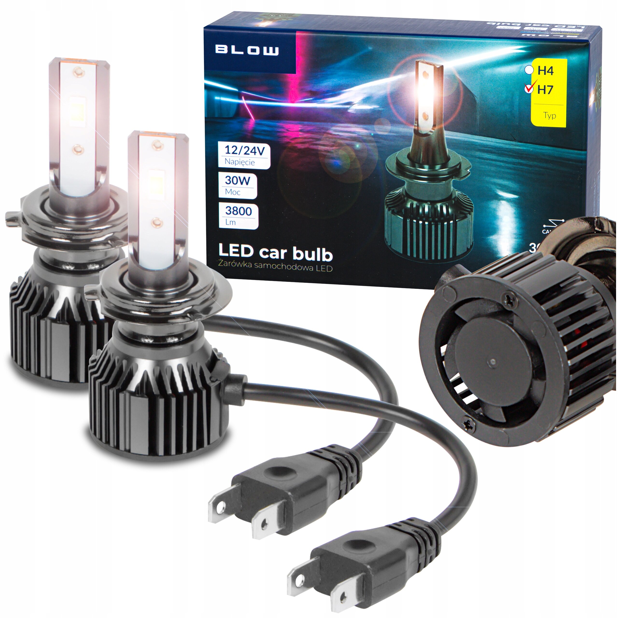 Na obrazie widoczne są dwie żarówki samochodowe LED z przewodami oraz opakowanie z napisem \'BLOW\'. Na opakowaniu znajdują się informacje: \'12/24V\', \'30W\', \'3800 lm\', \'LED car bulb\'.