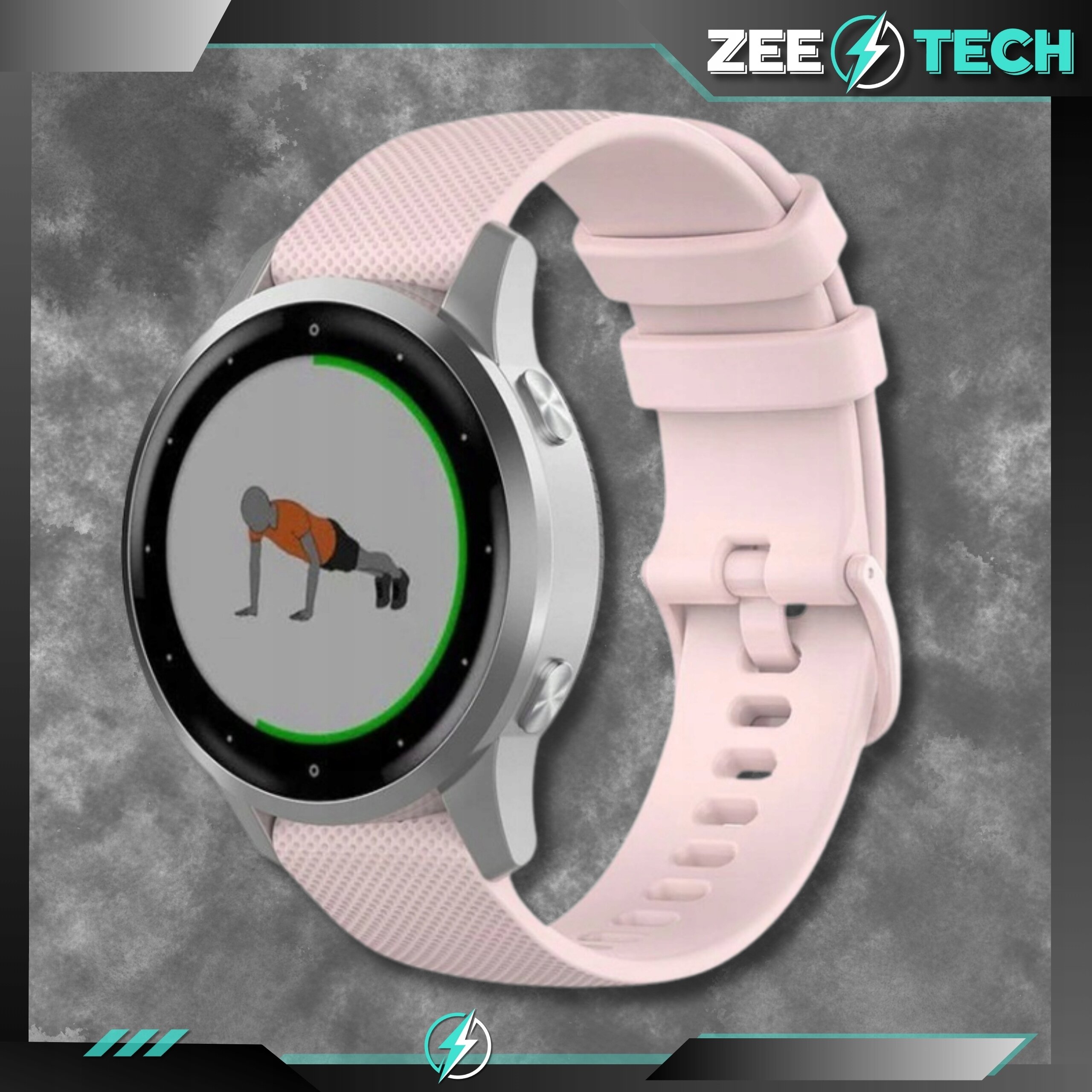 Srebrny smartwatch z różowym silikonowym paskiem, na ekranie widoczna jest grafika osoby wykonującej ćwiczenie w pozycji deski. W prawym górnym rogu znajduje się logo \'ZEETECH\'.