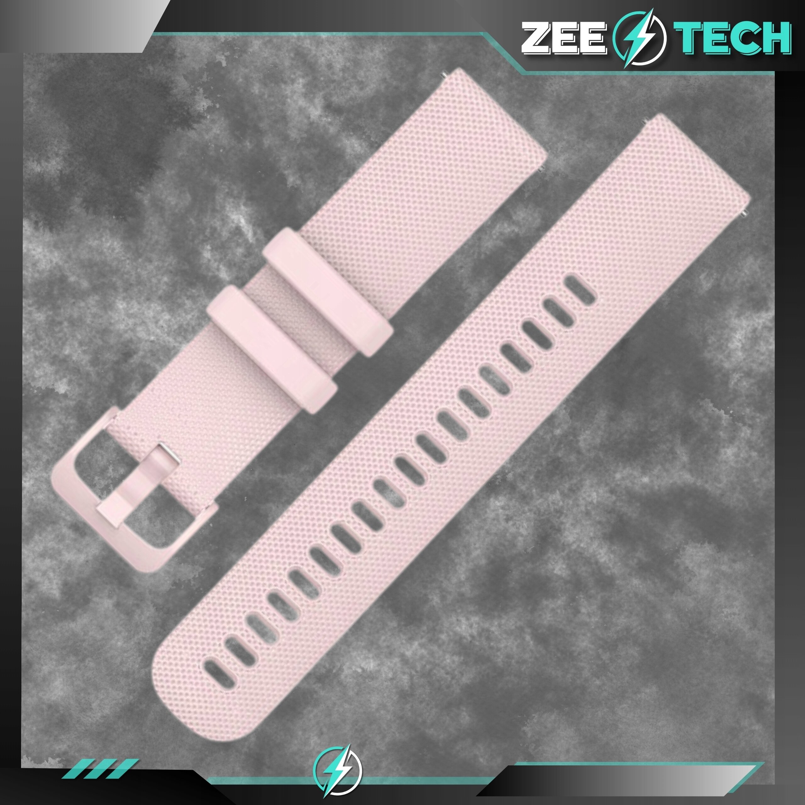 Różowy silikonowy pasek do zegarka z klamrą i otworami na regulację. W prawym górnym rogu widoczne jest logo ZEE TECH.