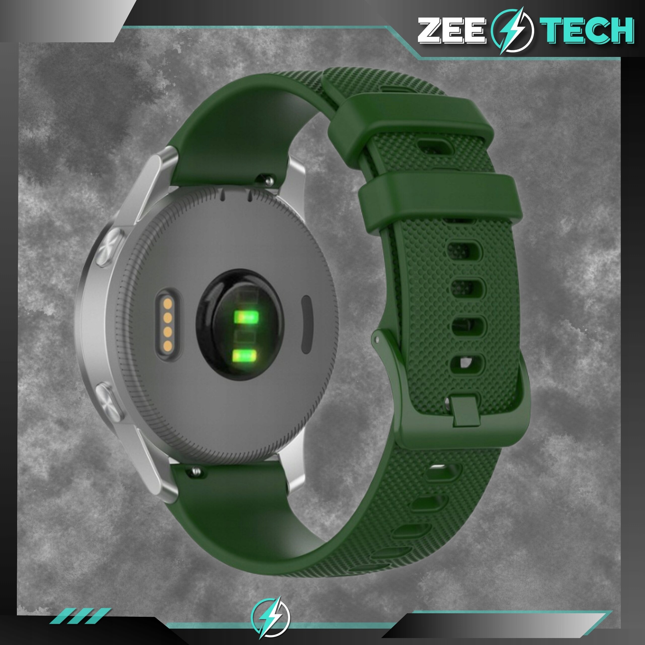 Zielony silikonowy pasek do zegarka smartwatcha z widocznym zapięciem i teleskopami. W tle logo \'ZEETECH\'.