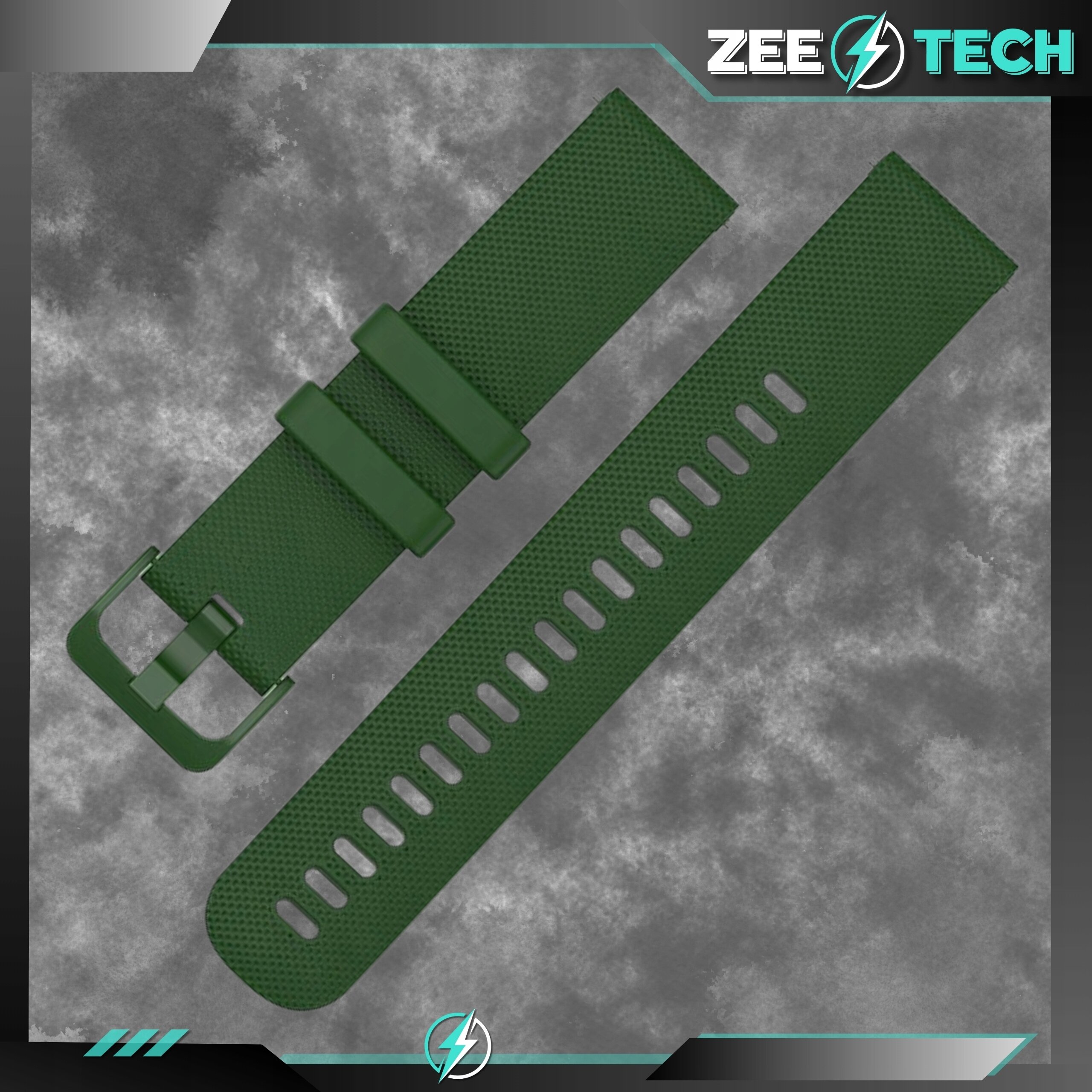 Zielony silikonowy pasek do zegarka z widocznymi otworami i klamrą. W tle znajduje się logo ZEE TECH.
