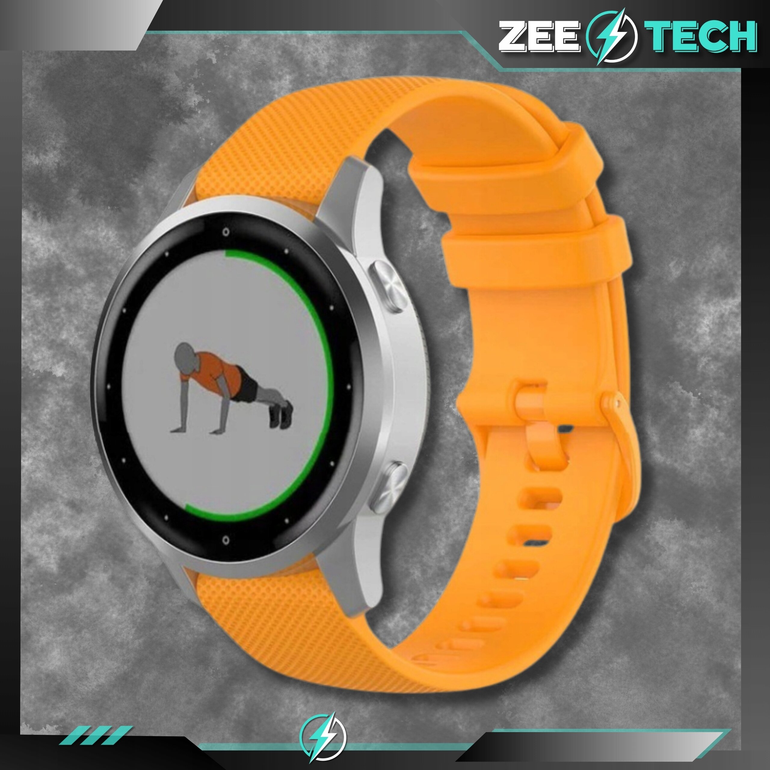 Srebrny smartwatch z pomarańczowym silikonowym paskiem, na ekranie widoczna jest grafika osoby wykonującej ćwiczenie w podporze przodem. W prawym górnym rogu znajduje się logo \'ZEETECH\'.