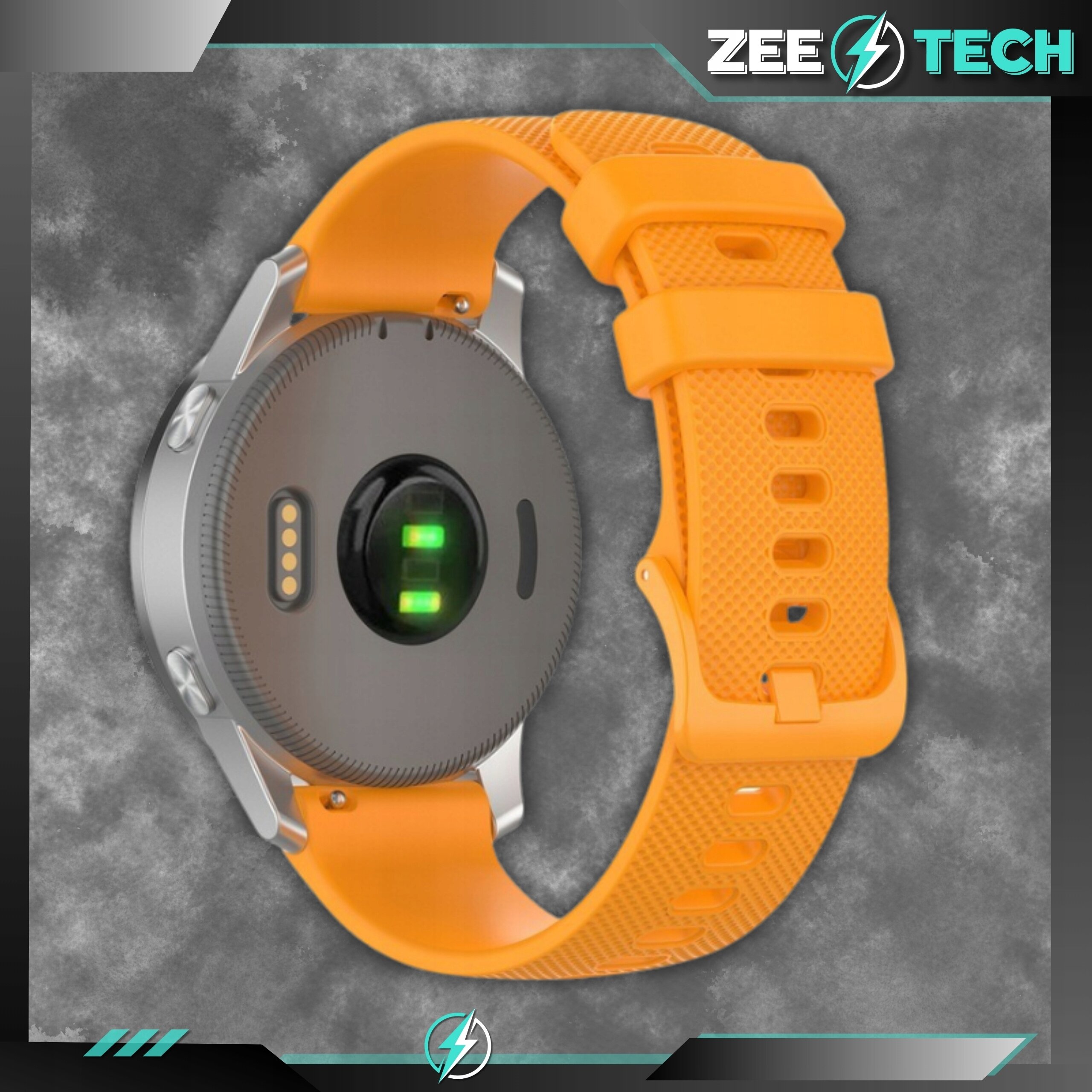 Obraz przedstawia smartwatch z pomarańczowym silikonowym paskiem. W tle widoczne jest logo ZEE TECH.