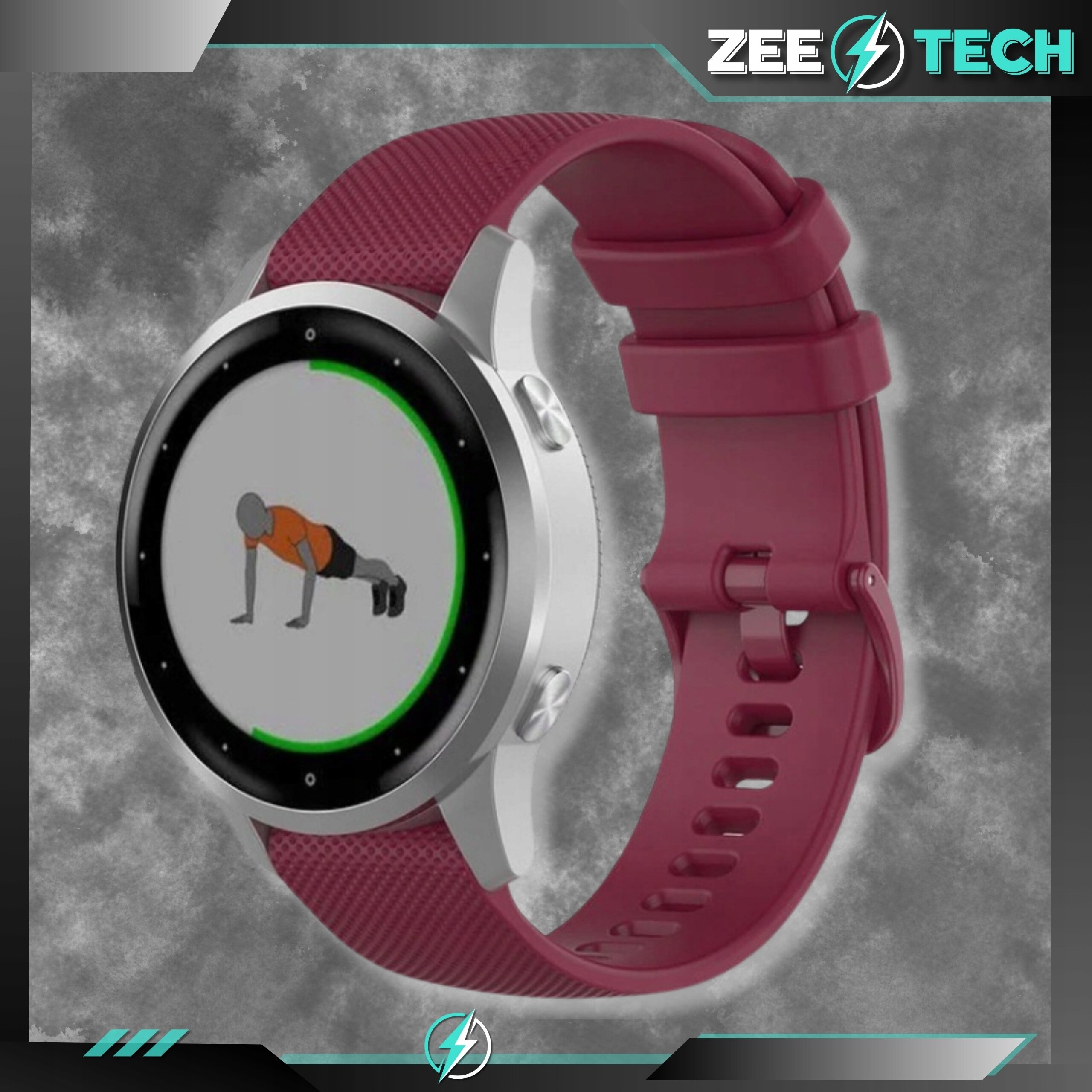 Srebrny smartwatch z bordowym silikonowym paskiem, na ekranie widoczna jest grafika osoby wykonującej ćwiczenie w pozycji deski. W tle znajduje się logo ZEE TECH.