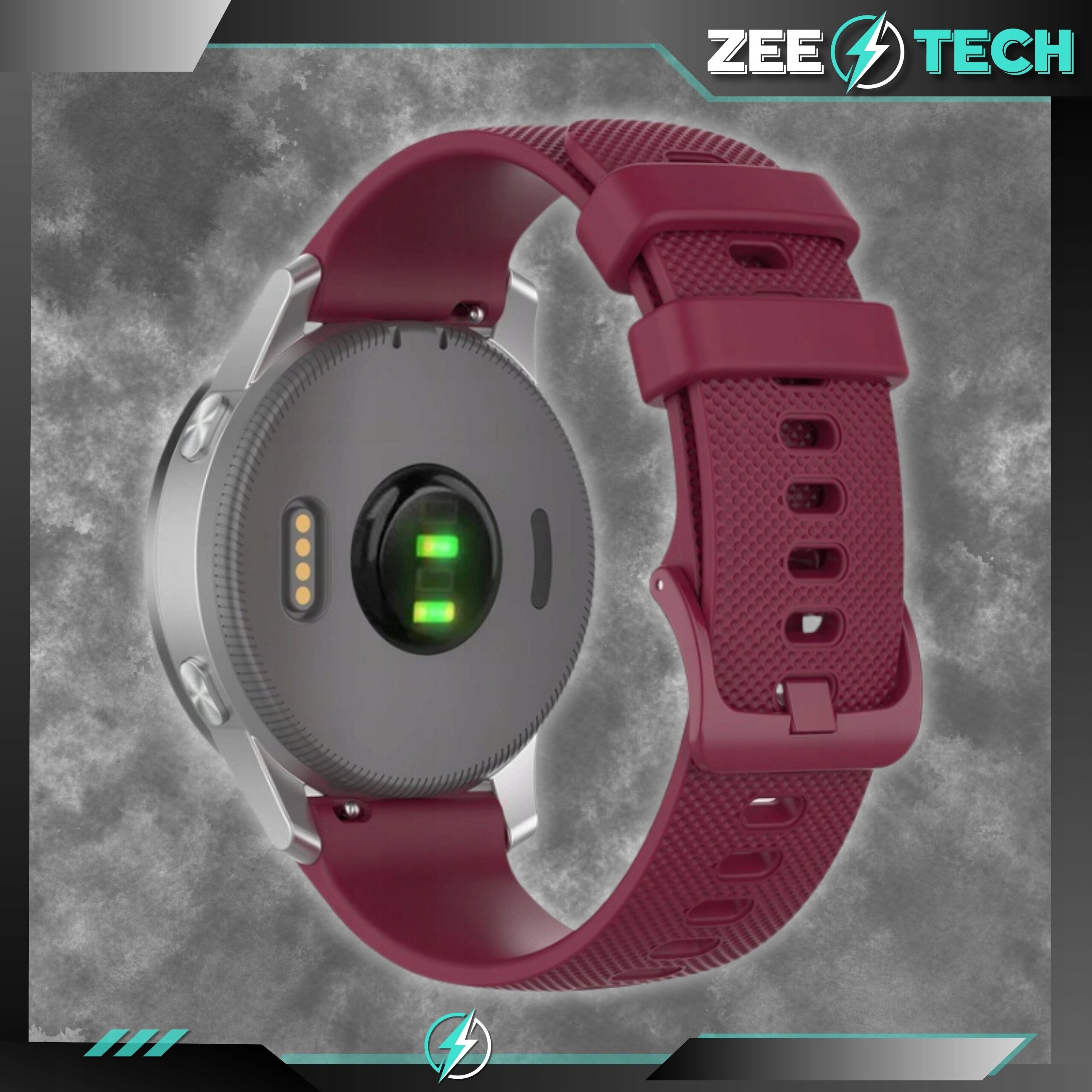 Obraz przedstawia smartwatch z bordowym silikonowym paskiem i widocznym czujnikiem na spodzie koperty. W prawym górnym rogu znajduje się logo \'ZEETECH\'.