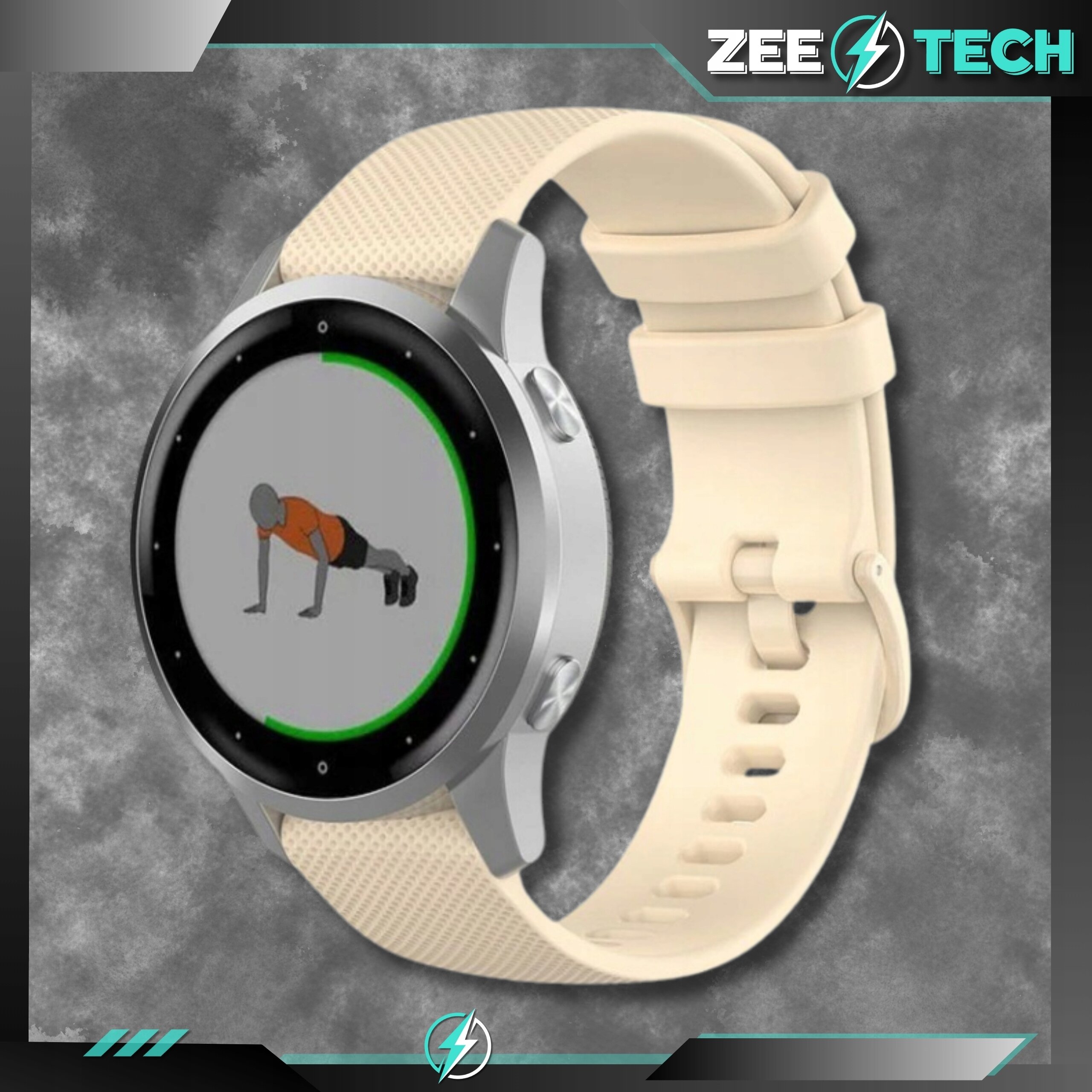 Obraz przedstawia smartwatch z beżowym silikonowym paskiem, na ekranie widoczna jest grafika osoby wykonującej ćwiczenie w pozycji deski. W prawym górnym rogu znajduje się logo ZEE TECH.