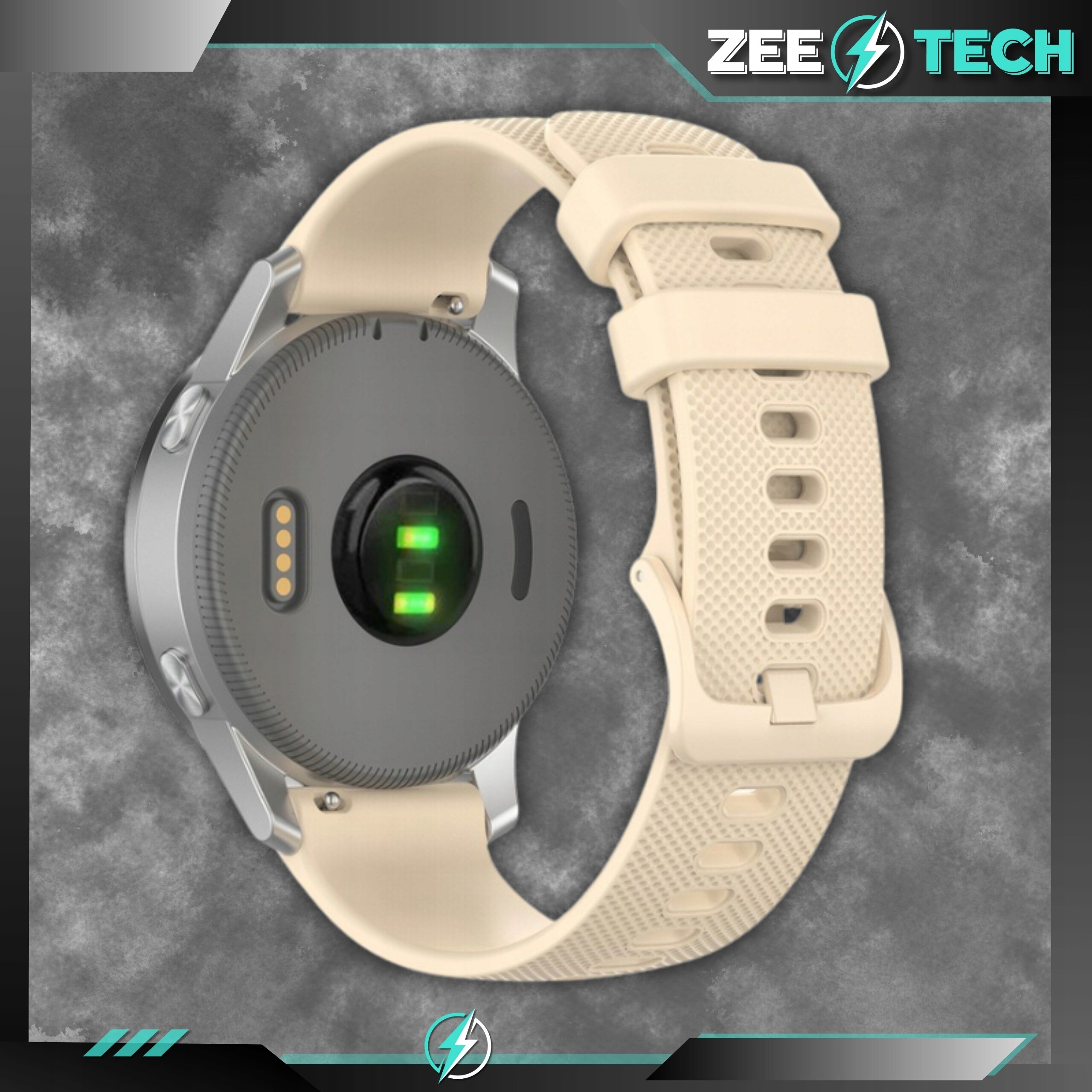 Beżowy silikonowy pasek do smartwatcha z widocznym zapięciem i teleskopami. W tle logo ZEE TECH.