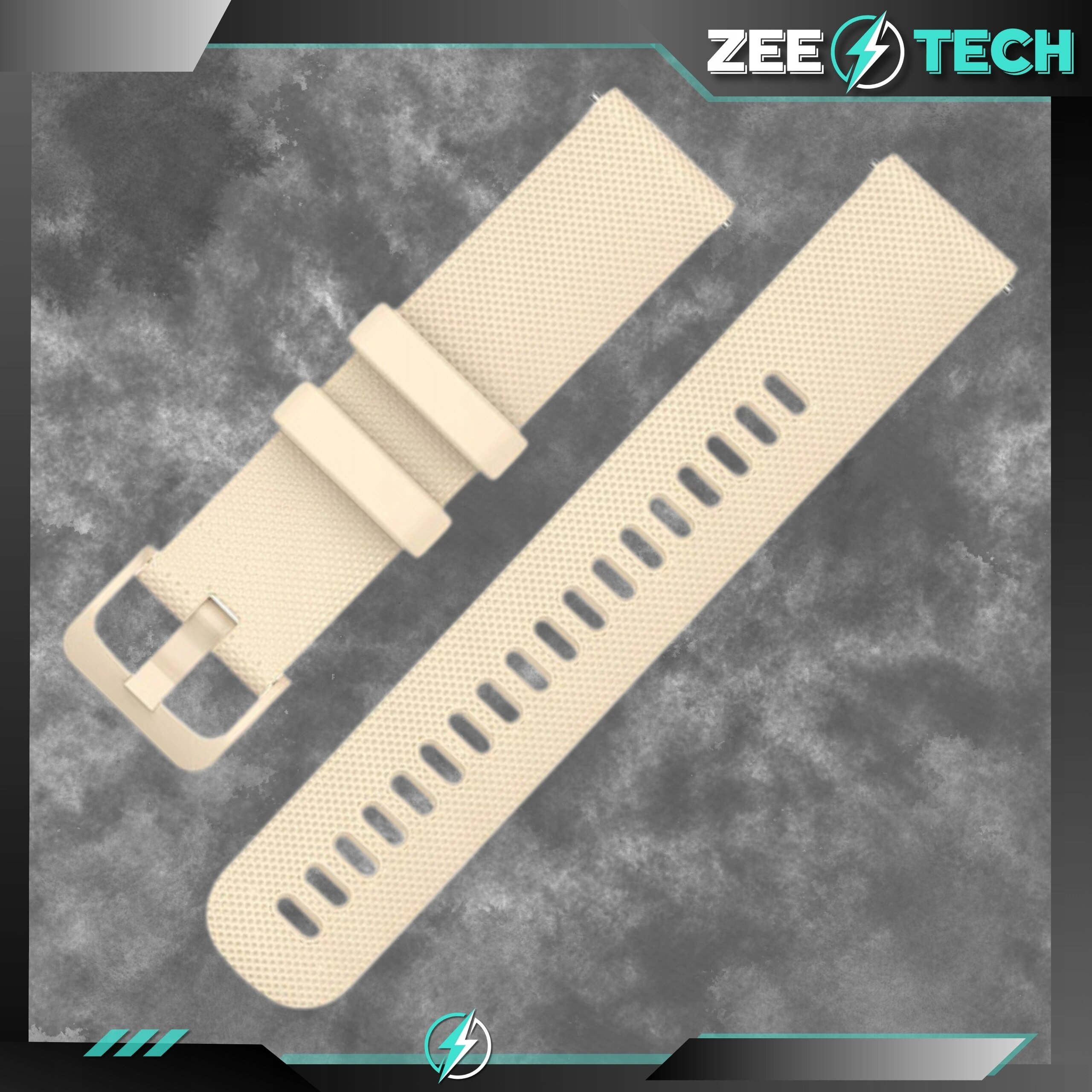 Beżowy silikonowy pasek do zegarka z klamrą i otworami na regulację. Logo: ZEETECH.
