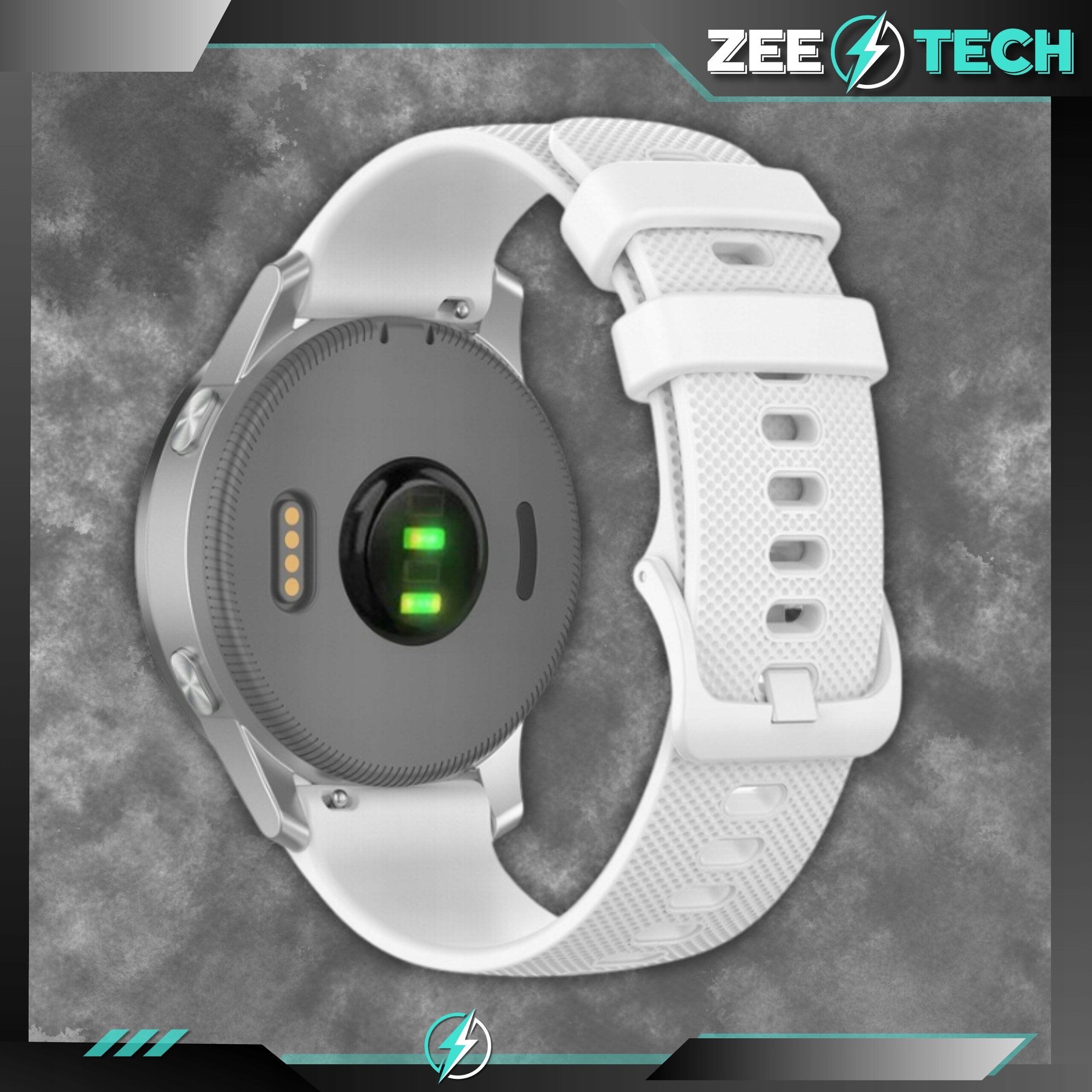 Biały silikonowy pasek do zegarka smartwatcha z widocznym zapięciem i otworami regulacyjnymi. W tle logo ZEE TECH na szarym tle.