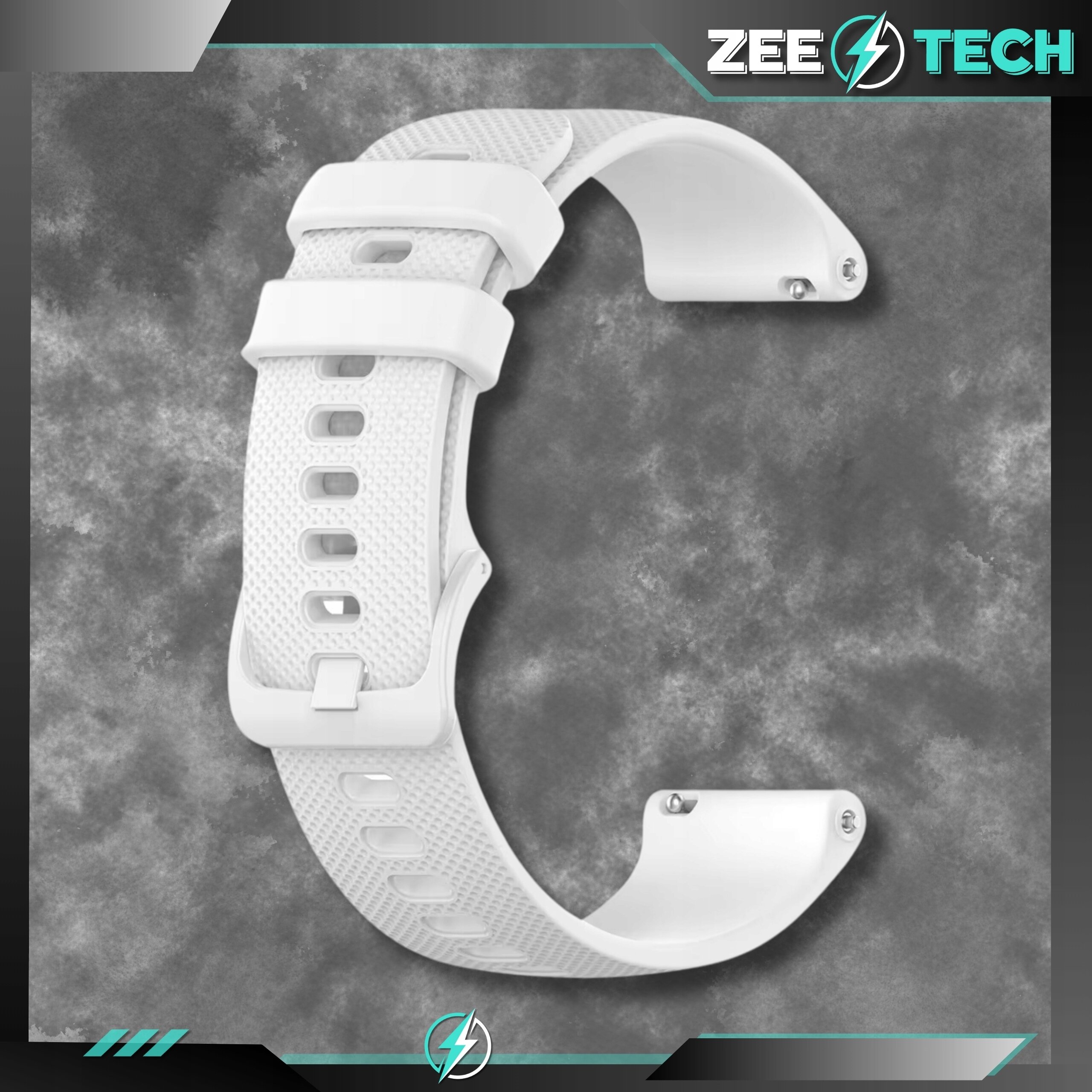 Biały silikonowy pasek do zegarka z otworami wentylacyjnymi i zapięciem. W prawym górnym rogu widoczne jest logo \'ZEETECH\'.