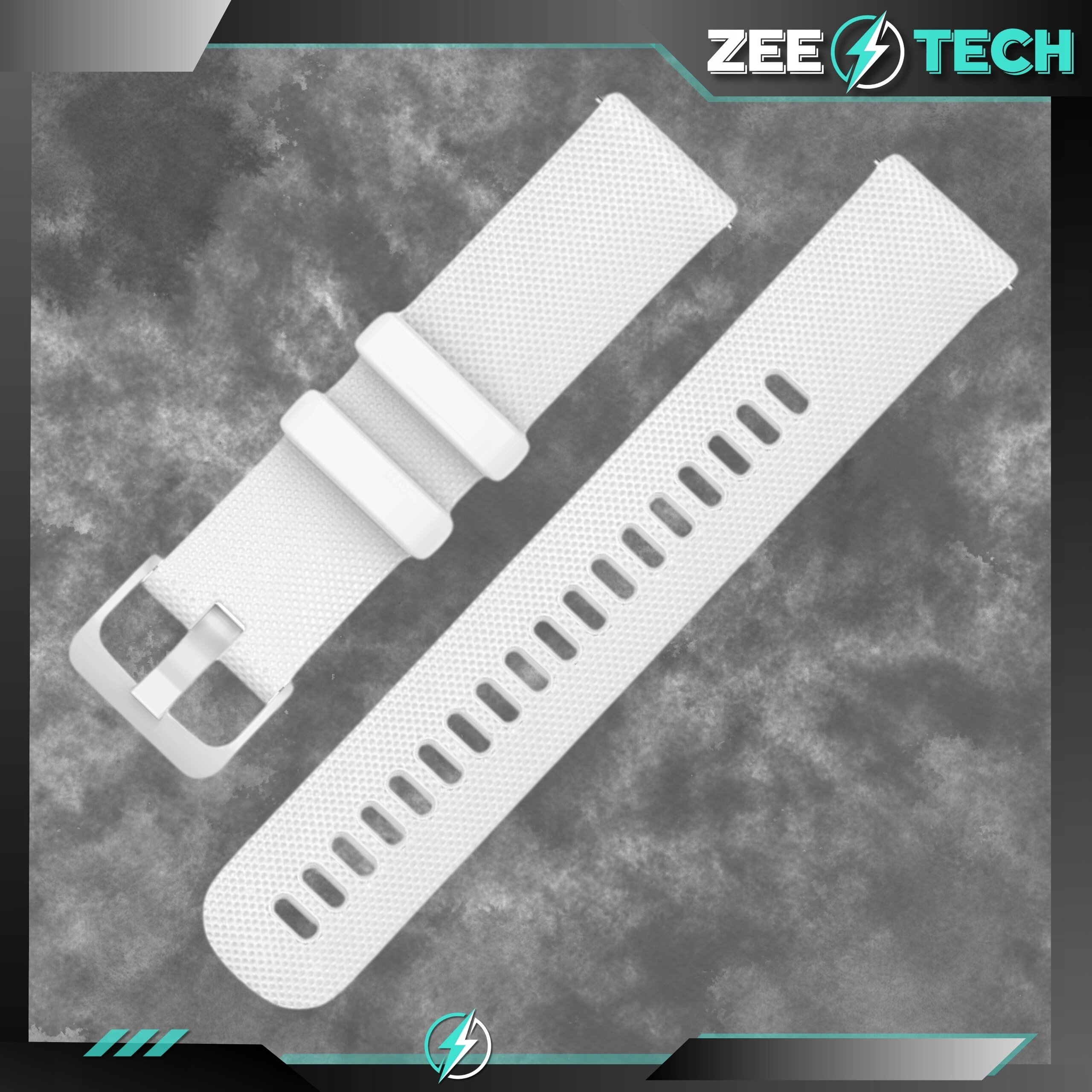 Na obrazie widoczny jest biały silikonowy pasek do zegarka z otworami wentylacyjnymi i klamrą. W prawym górnym rogu znajduje się logo \'ZEETECH\'.