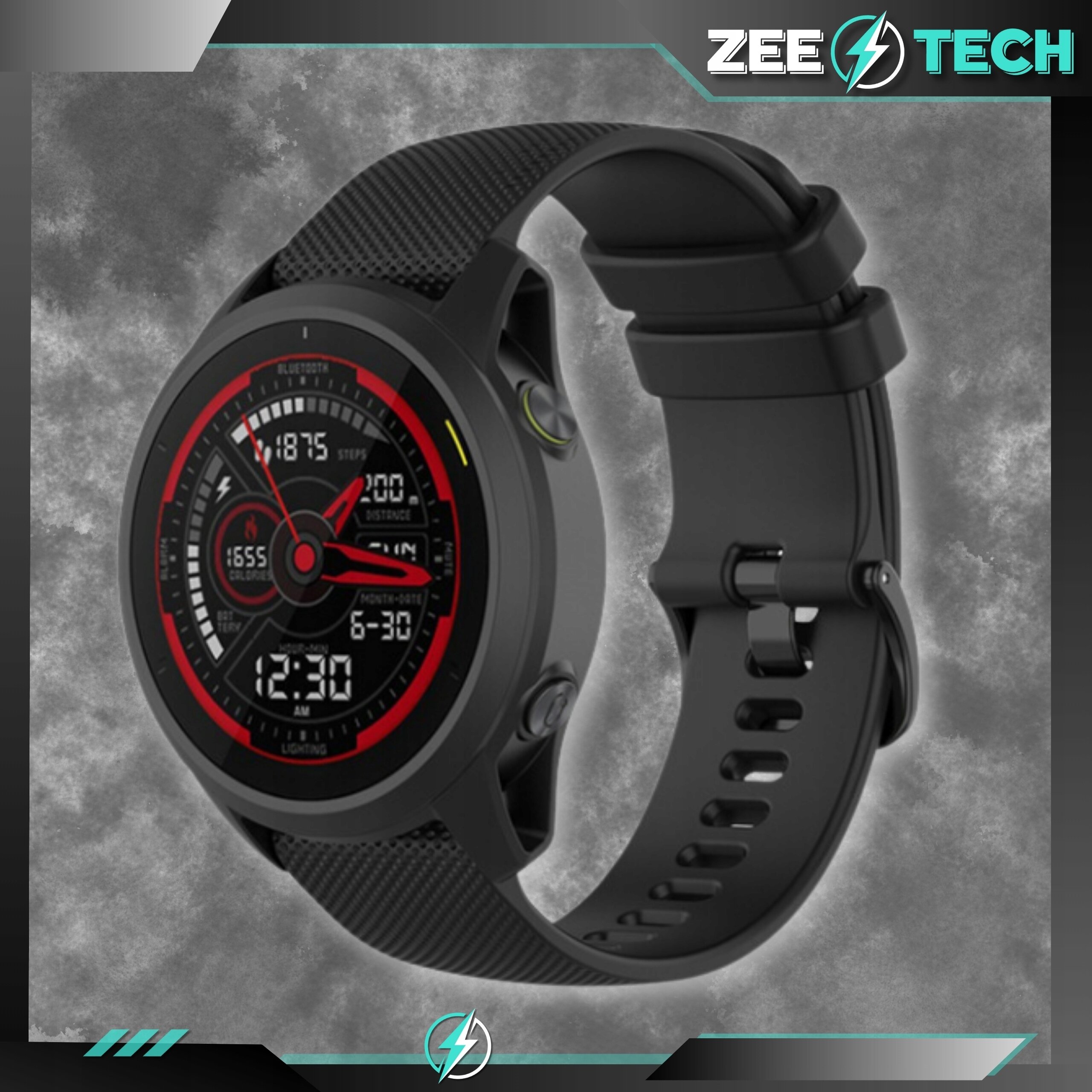 Czarny smartwatch z okrągłym wyświetlaczem, na którym widoczne są różne wskaźniki i godzina 12:30. Pasek jest silikonowy z perforacjami, a w rogu widnieje logo ZEE TECH.