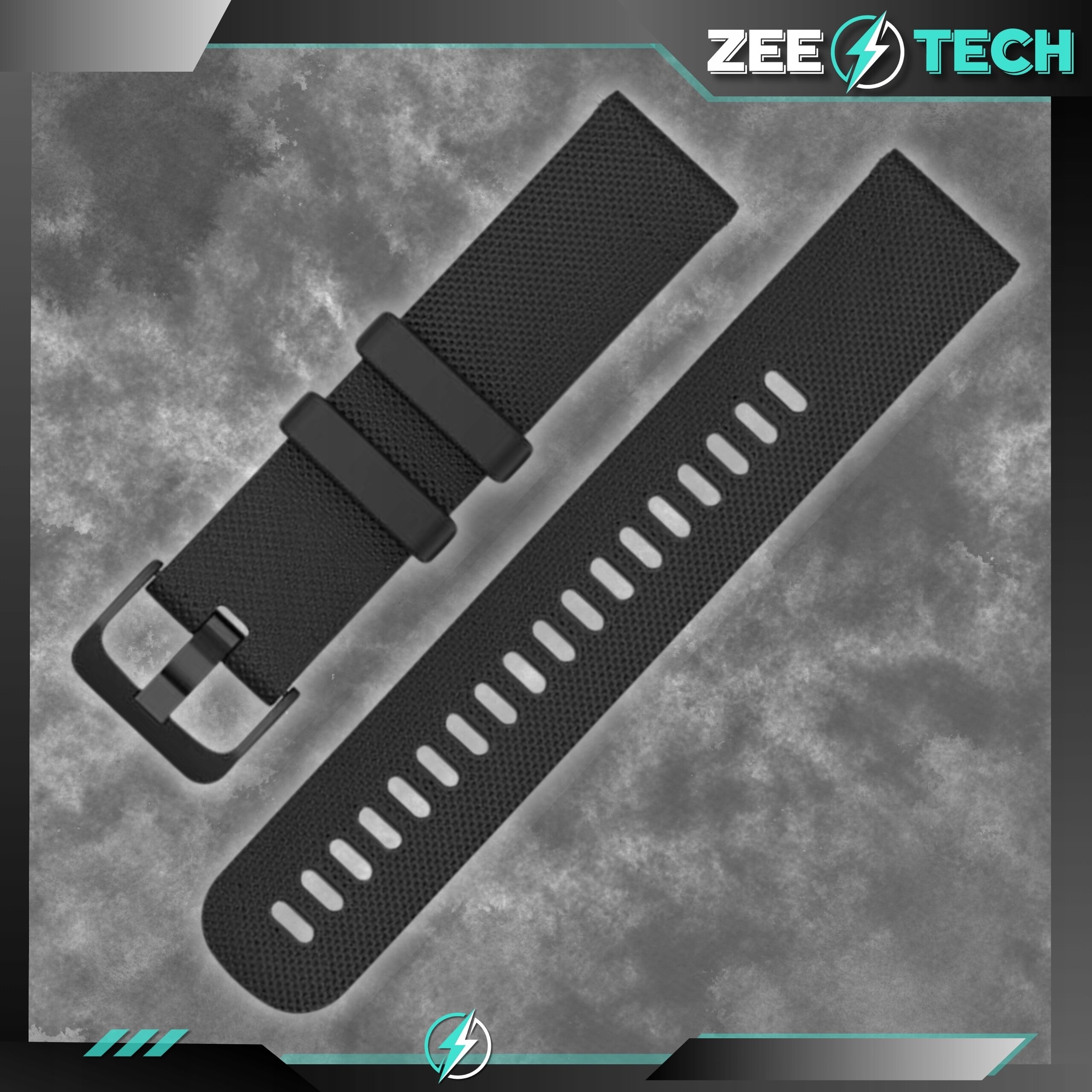 Czarny silikonowy pasek do zegarka z widocznymi otworami i klamrą. W tle logo ZEE TECH.