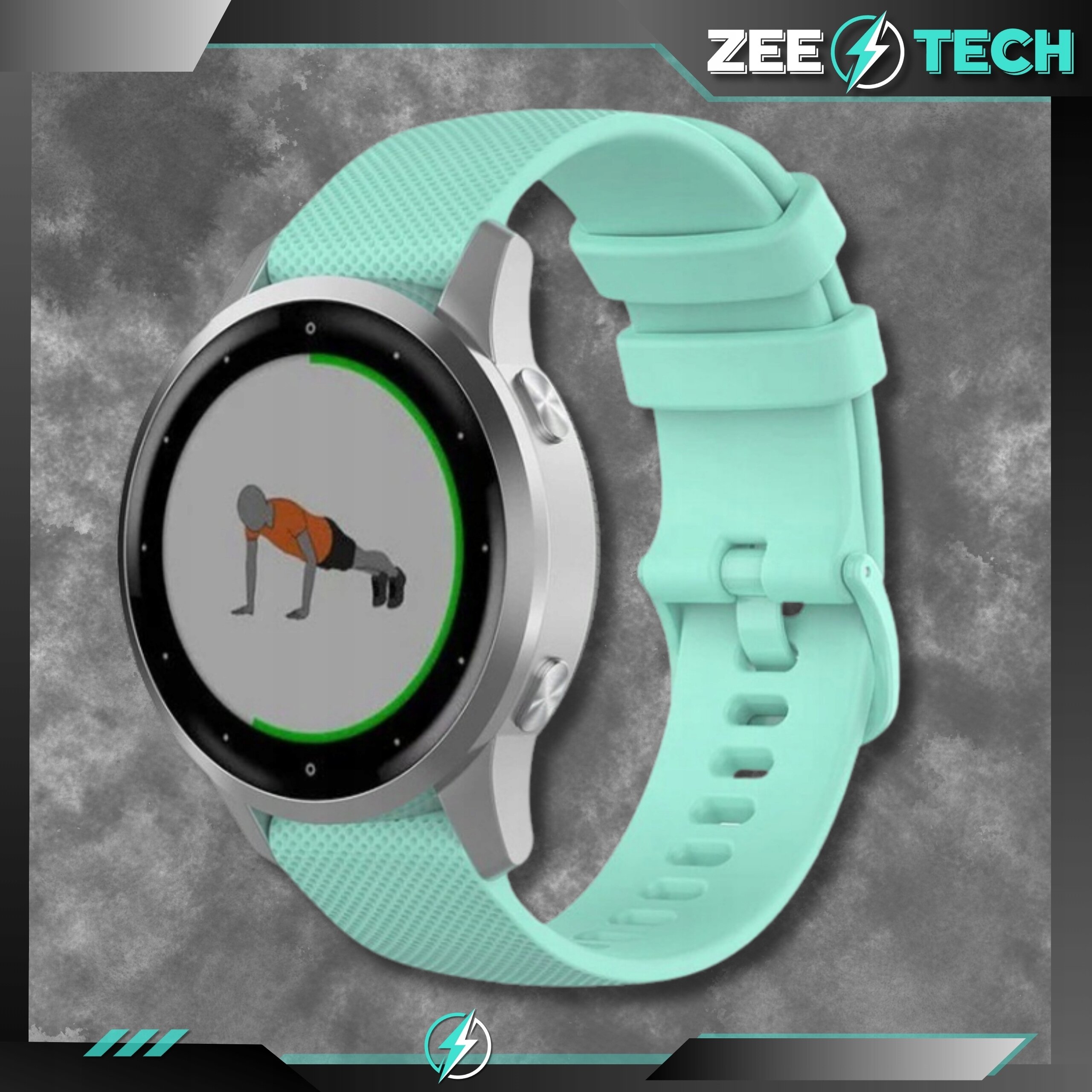 Srebrny smartwatch z miętowym silikonowym paskiem, na ekranie widoczna jest grafika osoby wykonującej ćwiczenie w podporze przodem. W prawym górnym rogu znajduje się logo \'ZEETECH\'.