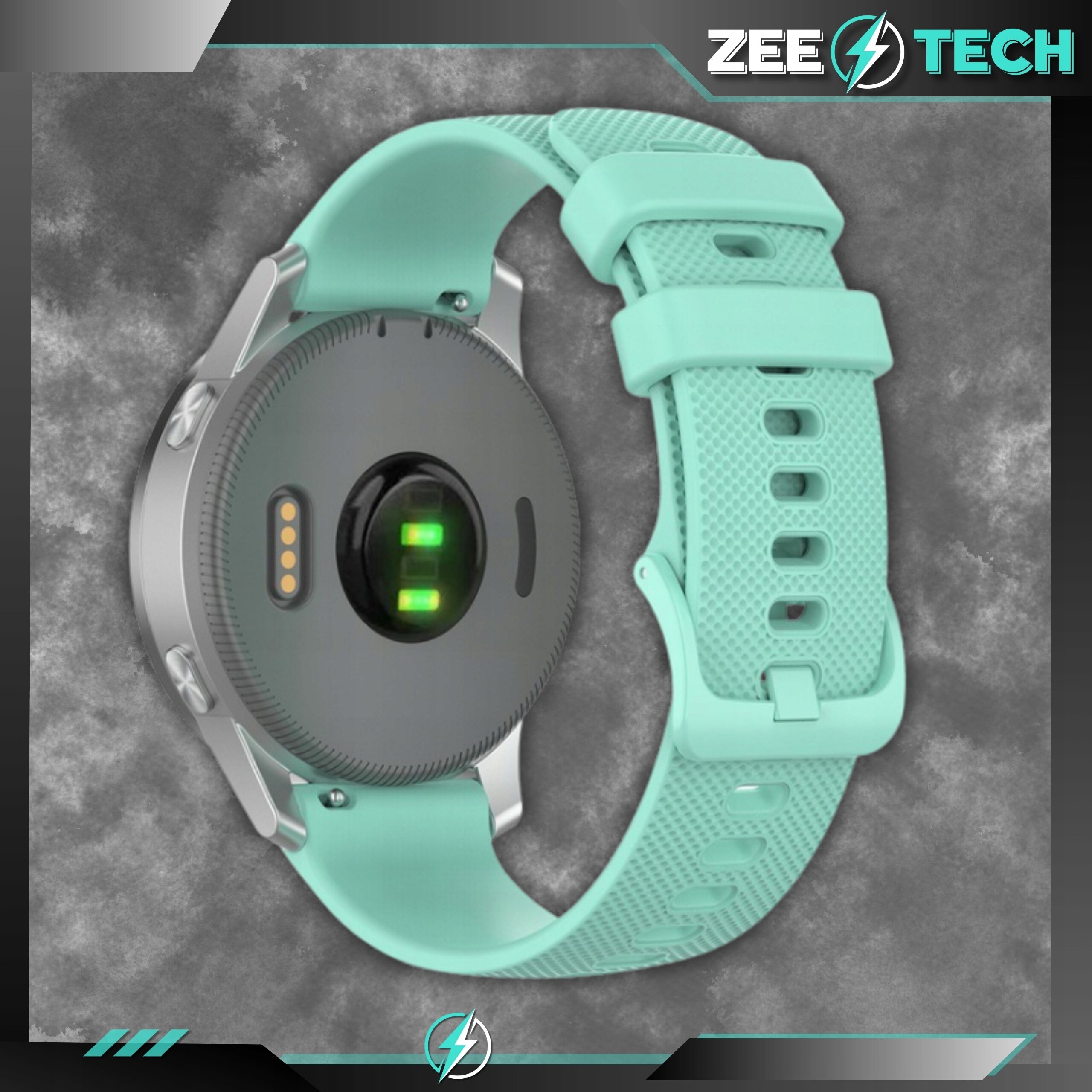 Miętowy silikonowy pasek do zegarka smartwatcha z widocznym zapięciem i teleskopami. Logo \'ZEETECH\' znajduje się w prawym górnym rogu obrazu.