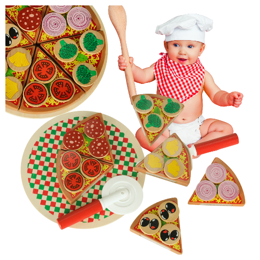 Na obrazie widoczny jest zestaw drewnianej pizzy do krojenia z różnymi dodatkami, w tym kawałki z brokułami, pomidorami i innymi składnikami. Obok znajduje się dziecko w czapce kucharskiej i czerwonej chustce, trzymające drewnianą łyżkę.