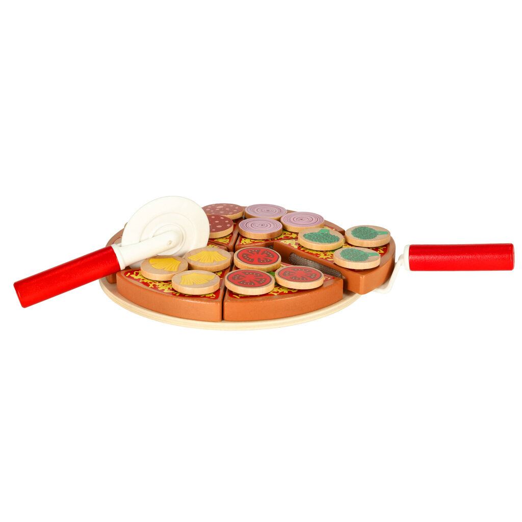 Drewniana pizza do krojenia z różnymi dodatkami, takimi jak plasterki pomidora i cebuli, umieszczona na okrągłej podstawce. Obok znajduje się plastikowy nóż do krojenia z czerwonym uchwytem.