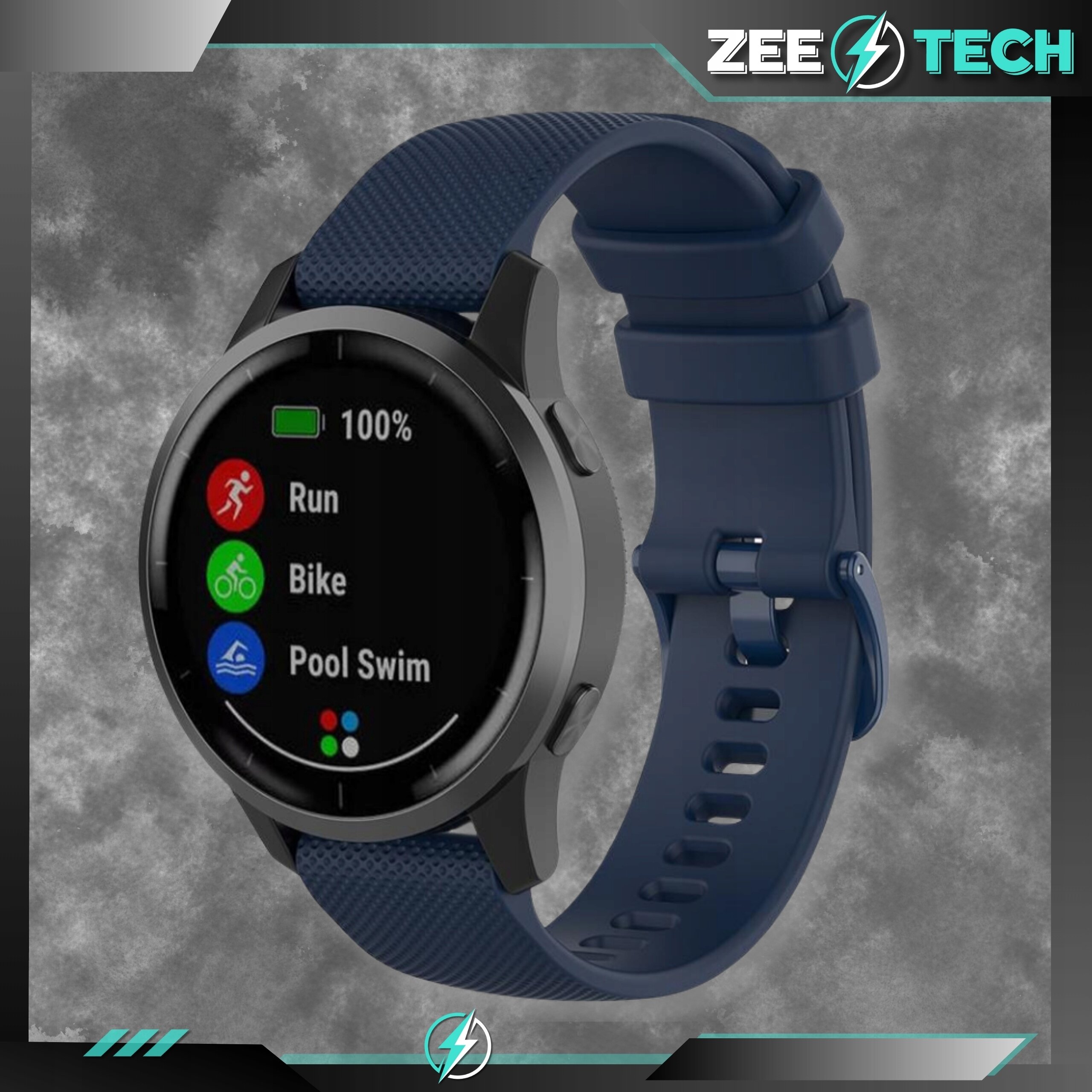 Granatowy silikonowy pasek do smartwatcha z okrągłą tarczą wyświetlającą opcje: Run, Bike, Pool Swim. Logo \'ZEETECH\' widoczne w prawym górnym rogu.