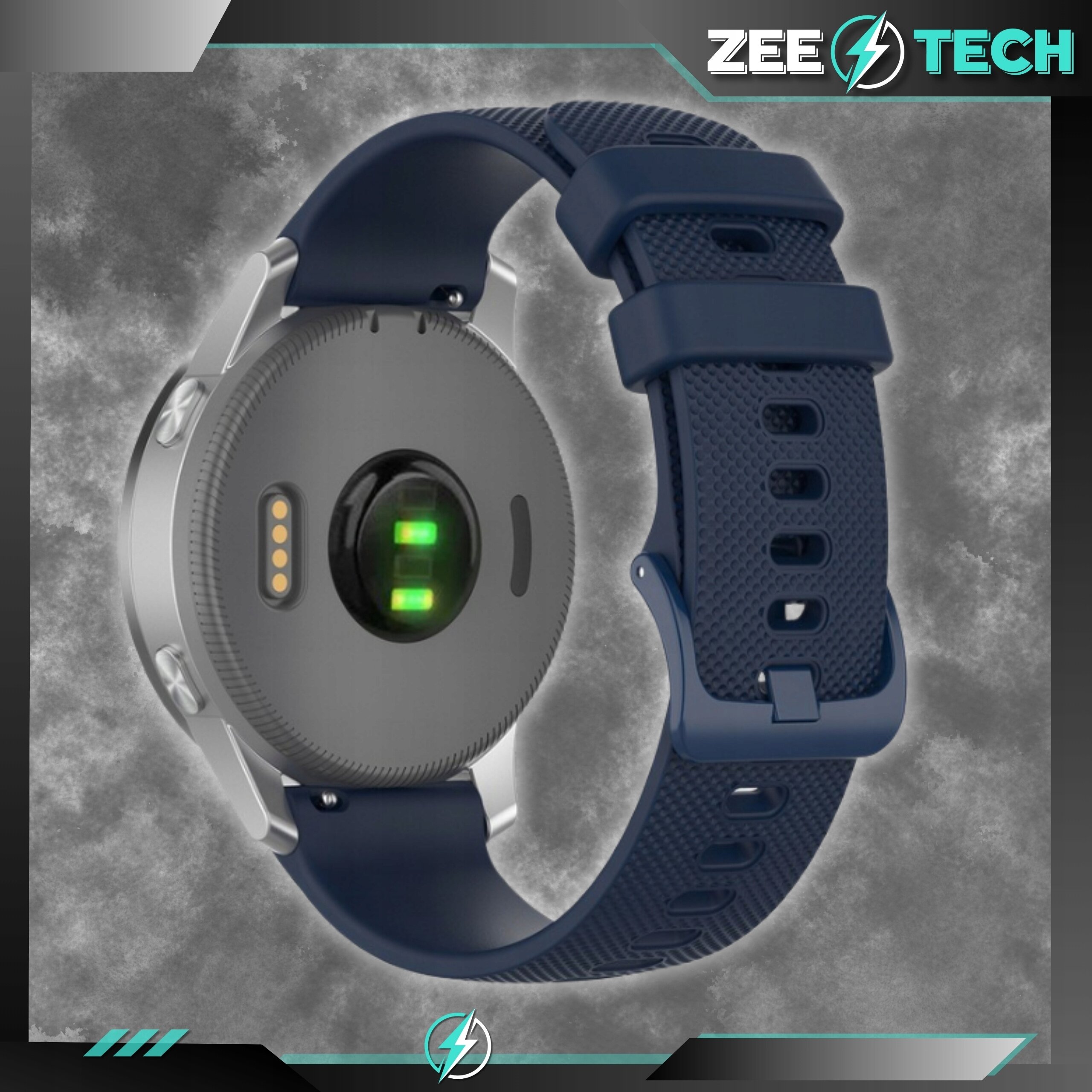 Obraz przedstawia smartwatch z granatowym silikonowym paskiem. W tle widoczne jest logo ZEE TECH.