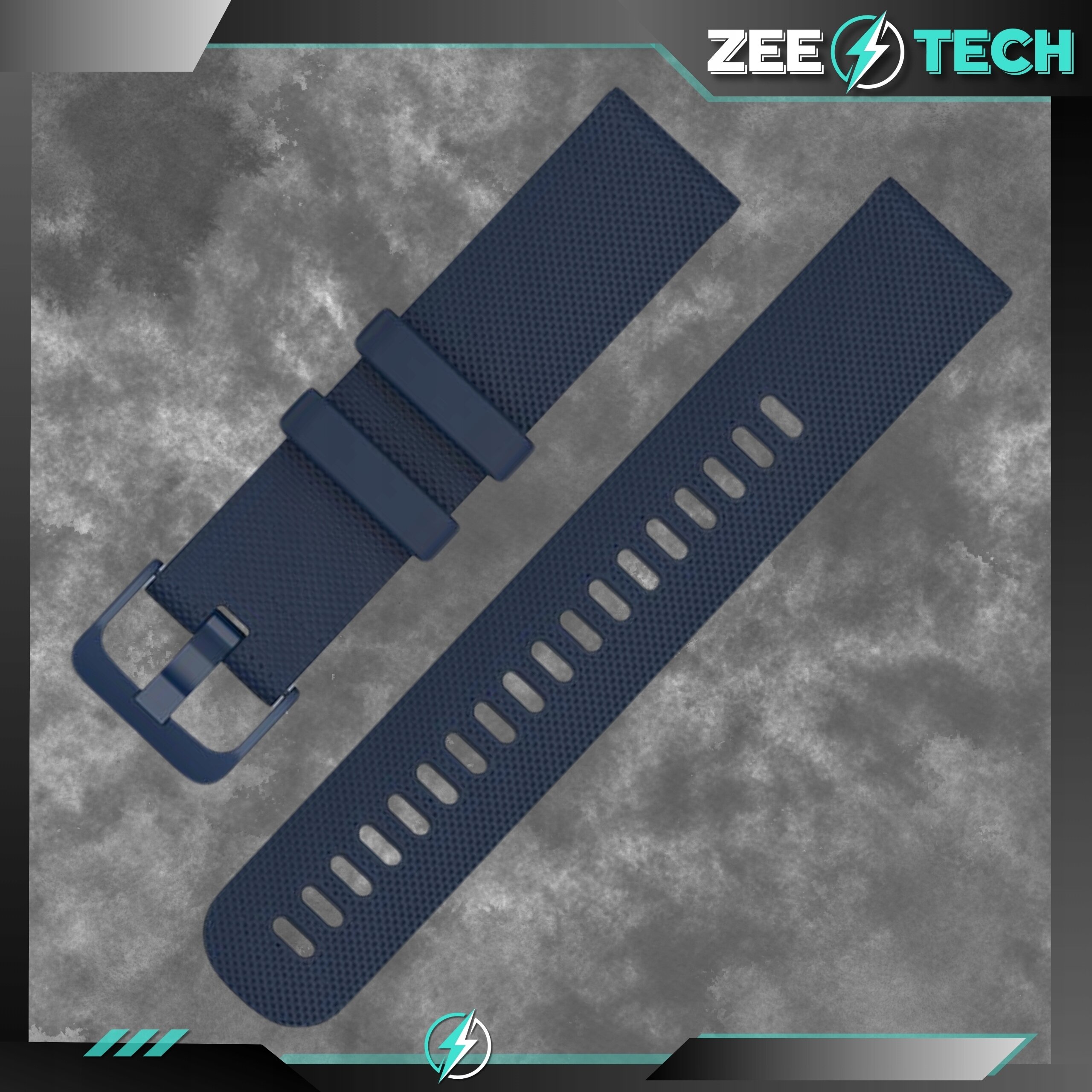 Granatowy silikonowy pasek do zegarka z teksturą, z klamrą i otworami na regulację. W prawym górnym rogu widoczne jest logo \'ZEETECH\'.