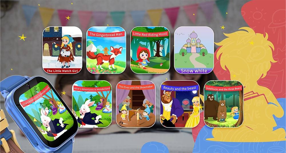 Na obrazie widoczny jest smartwatch z kolorowym wyświetlaczem, na którym przedstawiona jest ilustracja z bajki \'Alice\'s Adventures in Wonderland\'. W tle znajduje się osiem ikon z różnymi bajkami, takimi jak \'The Little Match Girl\', \'The Gingerbread Man\', \'Little Red Riding Hood\', \'Snow White\', \'The Elves and the Shoemaker\', \'Beauty and the Beast\', oraz \'Goldilocks and the Three Bears\'.