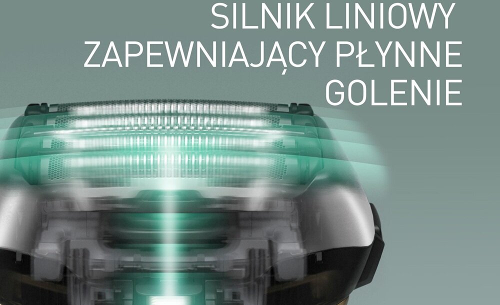 Obraz przedstawia golarkę z widocznymi ostrzami i zielonymi liniami sugerującymi ruch. Na górze znajduje się tekst: \'SILNIK LINIOWY ZAPEWNIAJĄCY PŁYNNE GOLENIE\'.