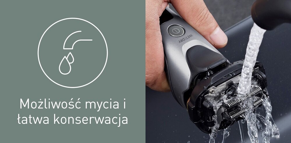 Po lewej stronie znajduje się ikona kranu z kroplą wody oraz tekst \'Możliwość mycia i łatwa konserwacja\'. Po prawej stronie widoczna jest golarka, na którą leje się woda z kranu.