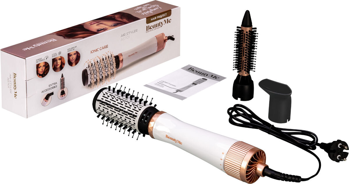Na obrazie widoczna jest suszarko-lokówka BEAUTYME z białą rączką i złotymi elementami, obok której znajdują się dodatkowe akcesoria oraz pudełko z grafiką produktu. Na pudełku widnieje napis \'IONIC CARE\', \'AIR STYLER\', \'HAIR PROTECT\', \'Beauty Me\'.