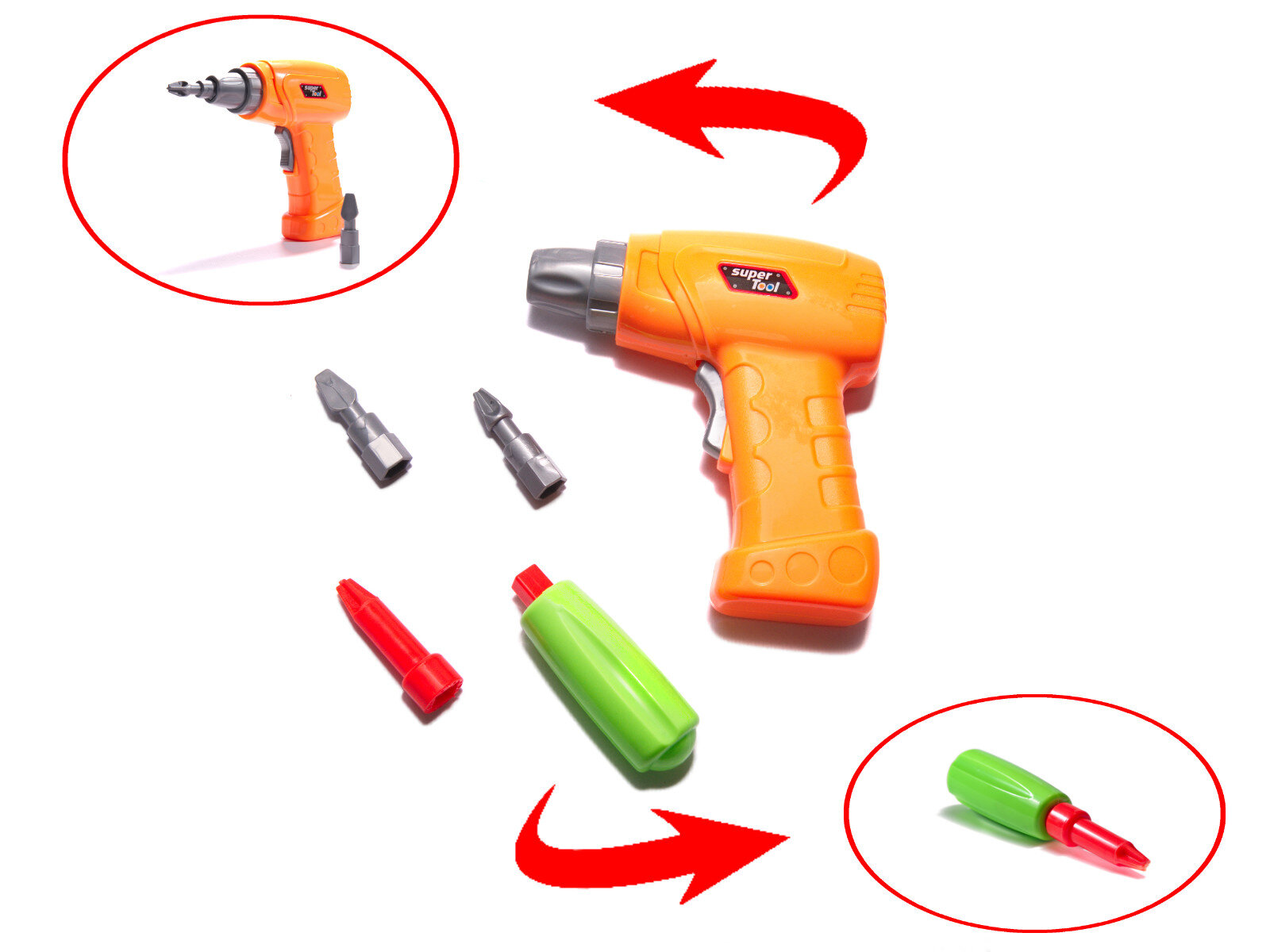 Na obrazie widoczna jest pomarańczowa wkrętarka z napisem \'super tool\' oraz kilka wymiennych końcówek w kolorach zielonym i czerwonym. Dodatkowo, w dwóch czerwonych okręgach pokazane są zbliżenia na wkrętarkę i jedną z końcówek.