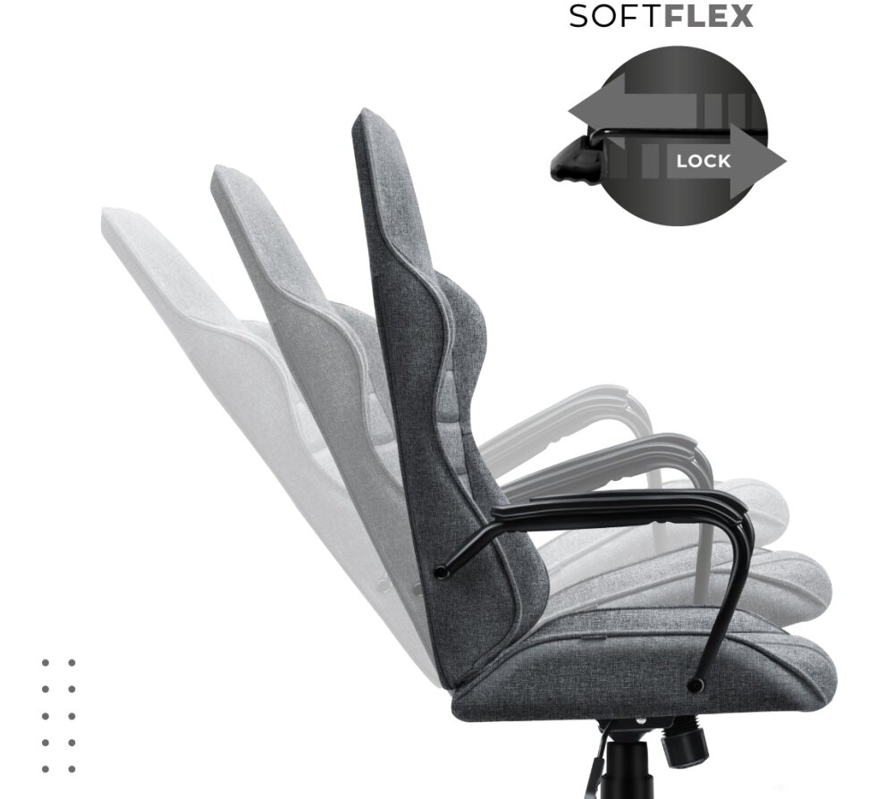 Obraz przedstawia szary fotel biurowy z funkcją regulacji oparcia, pokazany w kilku pozycjach nachylenia. Widoczny jest również symbol z napisem \'SOFTFLEX\' i \'LOCK\'.
