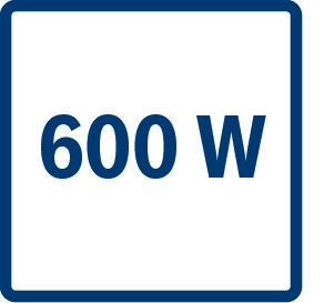 Obraz przedstawia biały kwadrat z niebieską ramką, w środku którego znajduje się napis \'600 W\'.