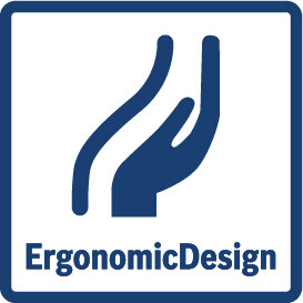 Ikona przedstawia stylizowaną dłoń w kolorze niebieskim z napisem \'ErgonomicDesign\' poniżej.