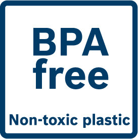 Kwadratowa ikona z napisem \'BPA free\' oraz \'Non-toxic plastic\' w kolorze niebieskim na białym tle.