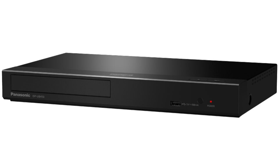 Czarny odtwarzacz Blu-Ray z widocznym logo \'Panasonic DP-UB450\' na przednim panelu. Na panelu znajduje się także port USB i przycisk z napisem \'POWER\'.