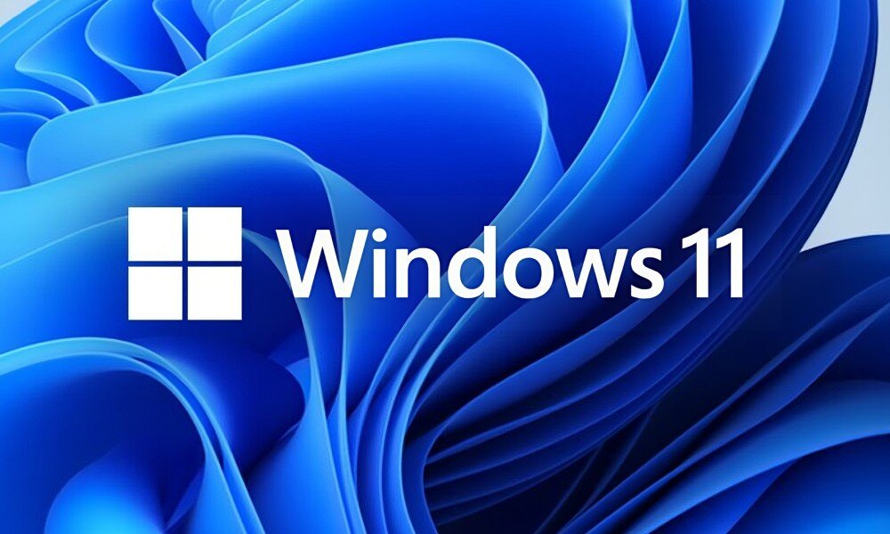 Obraz przedstawia logo Windows obok napisu \'Windows 11\' na tle niebieskich, falujących kształtów.