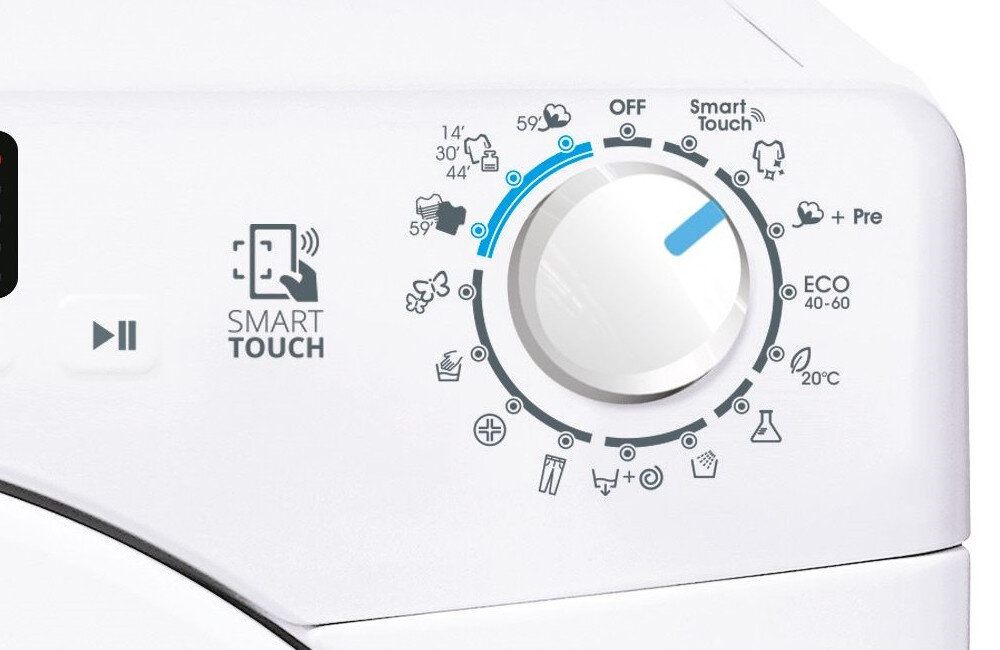 Panel sterowania pralki z pokrętłem wyboru programów, oznaczeniami temperatur i ikonami programów prania. Widoczny jest napis \'SMART TOUCH\' oraz przycisk start/pauza.