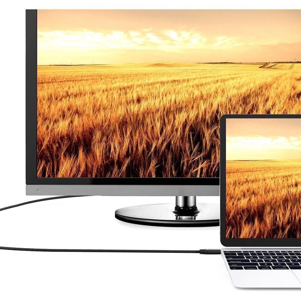 Obraz przedstawia monitor i laptop wyświetlające tę samą scenę z polem zboża o zachodzie słońca. Oba urządzenia są połączone czarnym kablem HDMI.