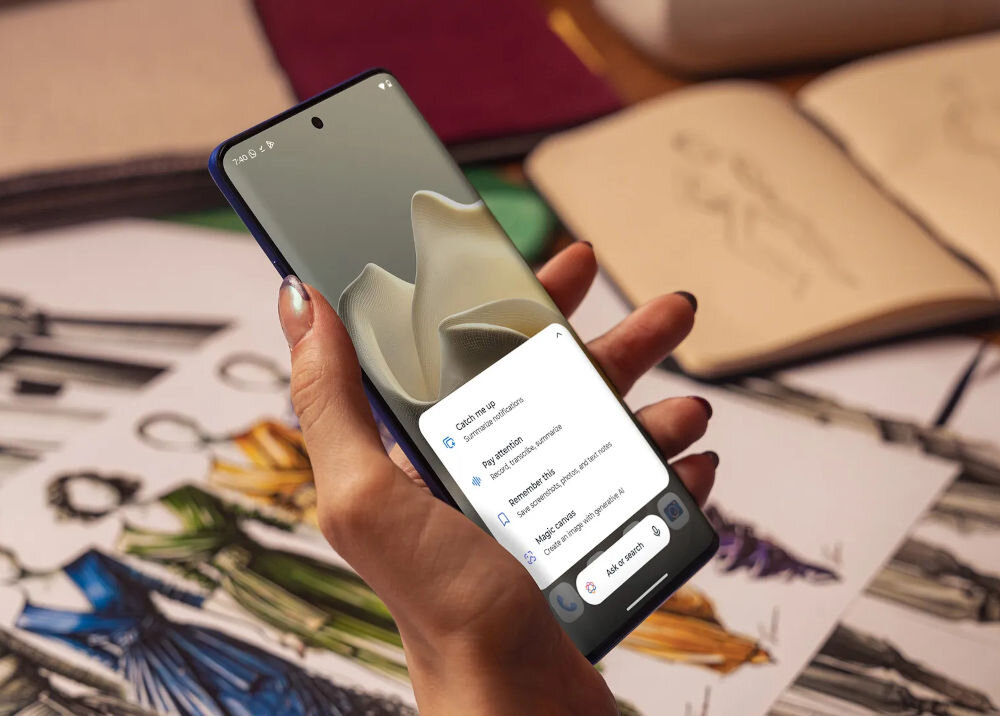 Osoba trzyma smartfon z wyświetlonym ekranem, na którym widać aplikację z opcjami: \'Copy image\', \'Search with Google Lens\', \'View in room\', \'Download image\', \'Share image\', \'Add to favorites\'. W tle znajdują się otwarte szkicowniki z rysunkami postaci w kolorowych strojach.