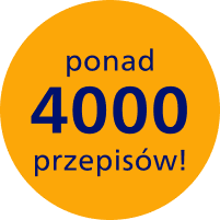 Pomarańczowe koło z napisem \'ponad 4000 przepisów!\' w kolorze granatowym.