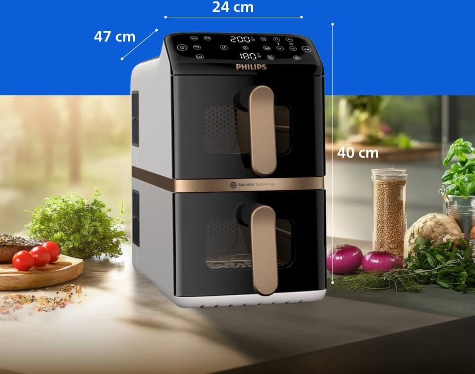Na obrazie widoczna jest beztłuszczowa frytkownica z wyświetlaczem cyfrowym, oznaczona logo PHILIPS. Wymiary urządzenia to 24 cm szerokości, 47 cm głębokości i 40 cm wysokości.
