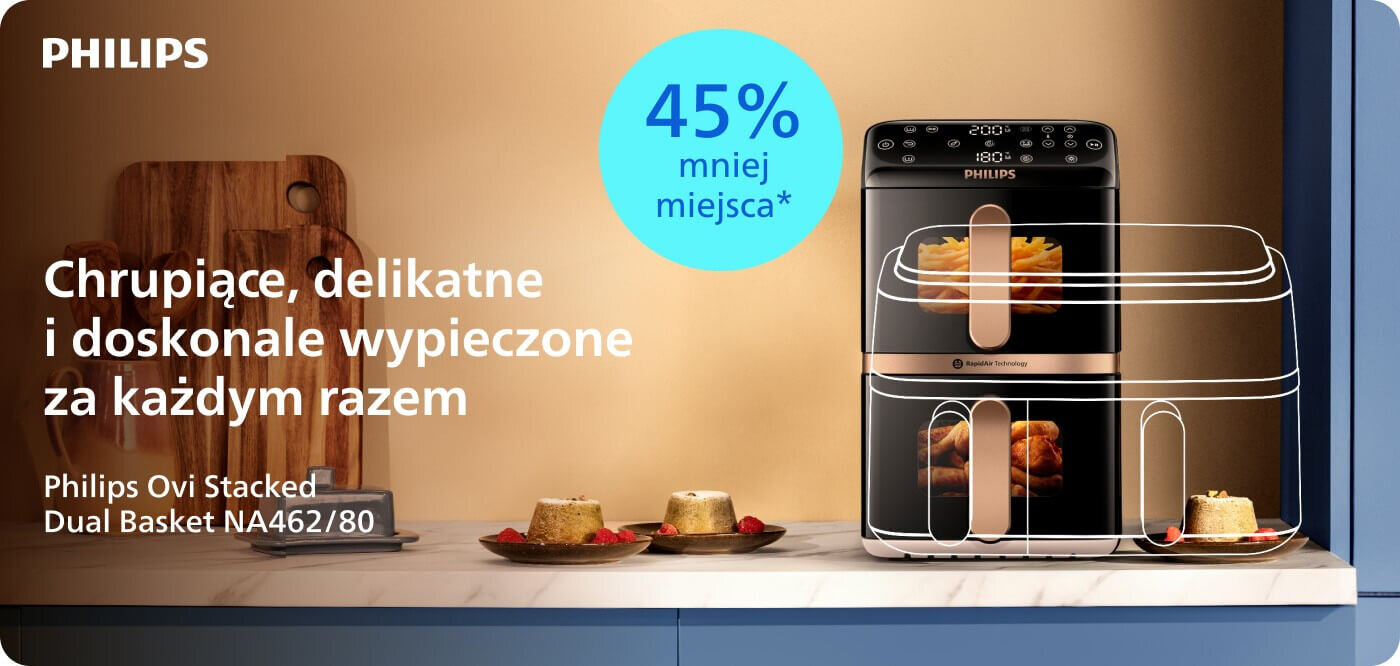 Na obrazie widoczna jest frytkownica beztłuszczowa marki PHILIPS z funkcją Steamfry, umieszczona na blacie kuchennym obok dwóch deserów. Tekst na obrazie: \'Chrupiące, delikatne i doskonale wypieczone za każdym razem\', \'Philips Ovi Stacked Dual Basket NA462/80\', \'45% mniej miejsca*\'.