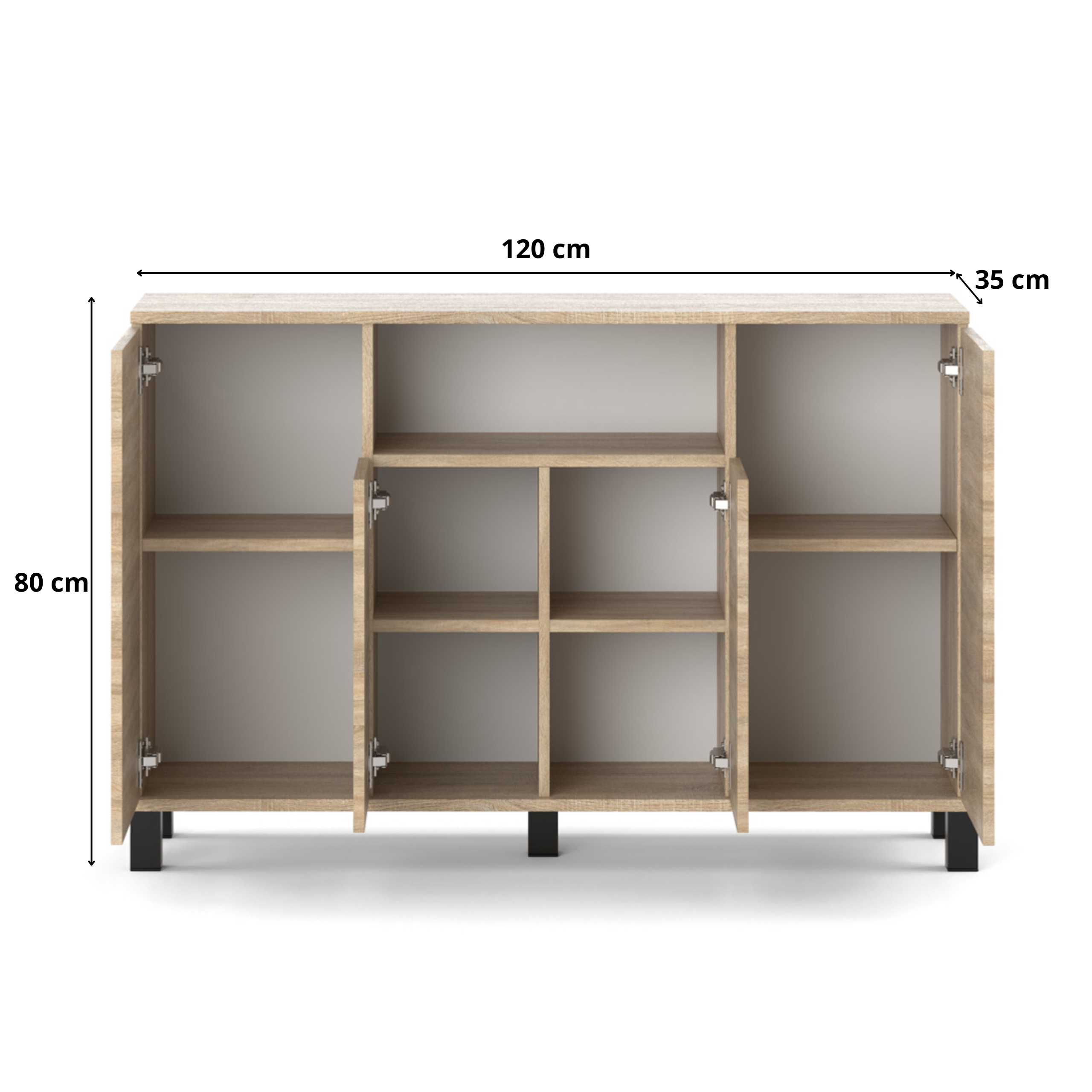Komoda w kolorze dąb sonoma z czterema otwartymi drzwiami, ukazująca wewnętrzne półki. Wymiary to 120 cm szerokości, 35 cm głębokości i 80 cm wysokości.