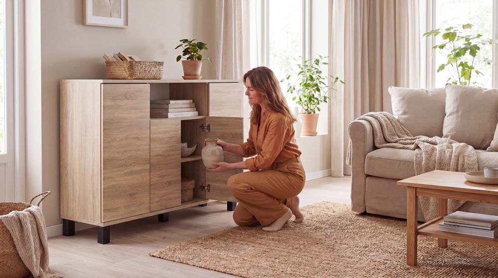 Kobieta w pomieszczeniu otwiera drewnianą komodę z czterema drzwiami, obok której stoi sofa i stolik. W tle widać rośliny doniczkowe i zasłony na oknach.