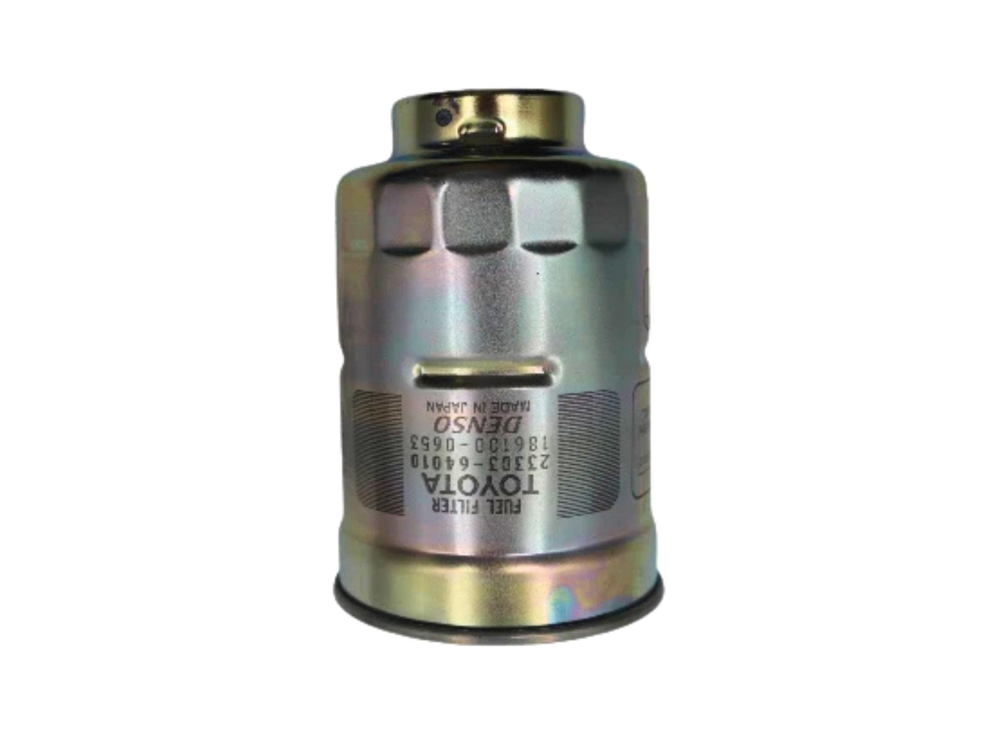 Metalowy filtr paliwa z widocznymi napisami: \'TOYOTA FUEL FILTER\', \'23303-64010\', \'DENSO\', \'186100-0653\', \'MADE IN JAPAN\'.