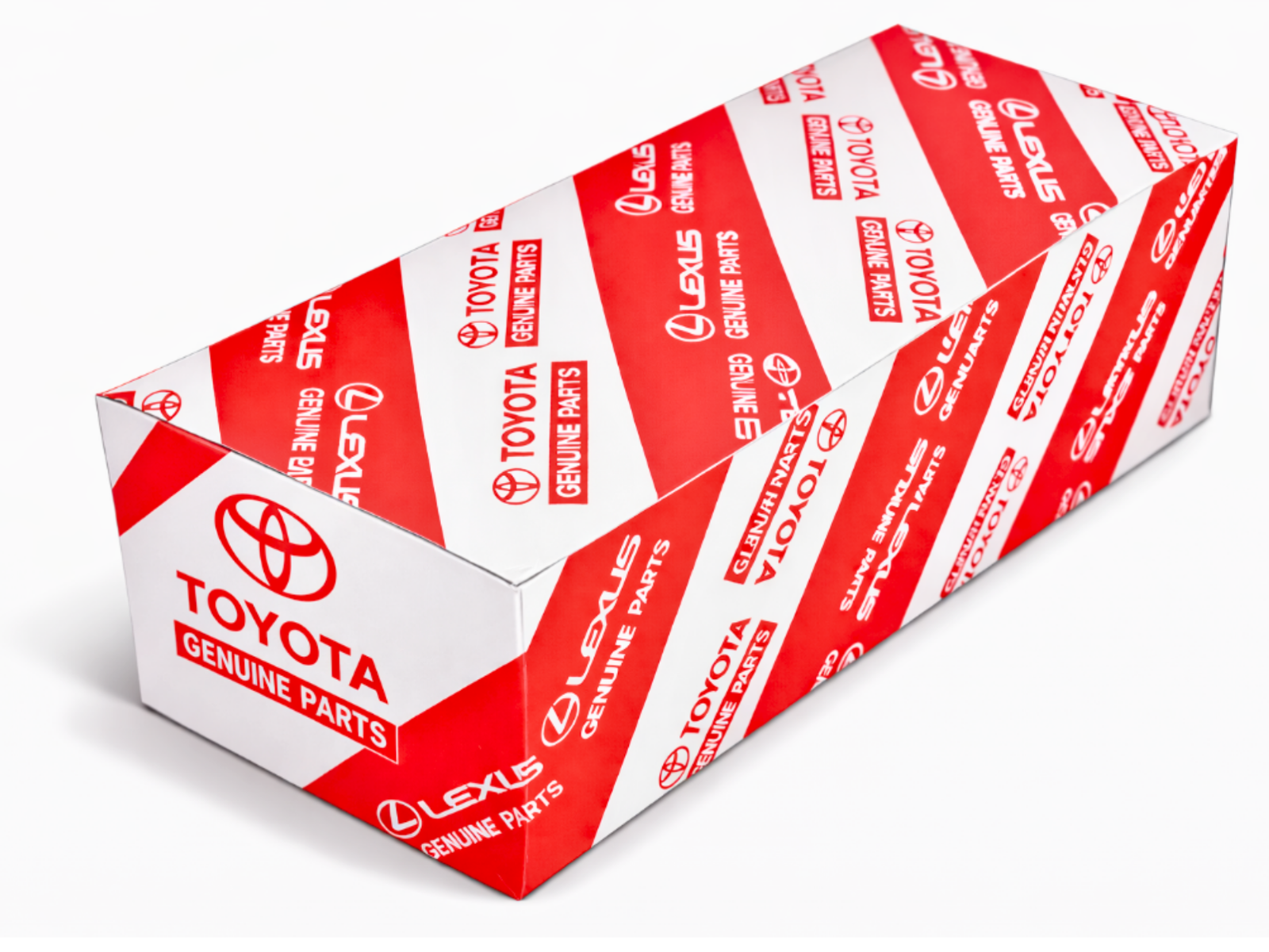 Pudełko z czerwono-białym wzorem, na którym widnieją logotypy \'TOYOTA GENUINE PARTS\' oraz \'LEXUS\'.