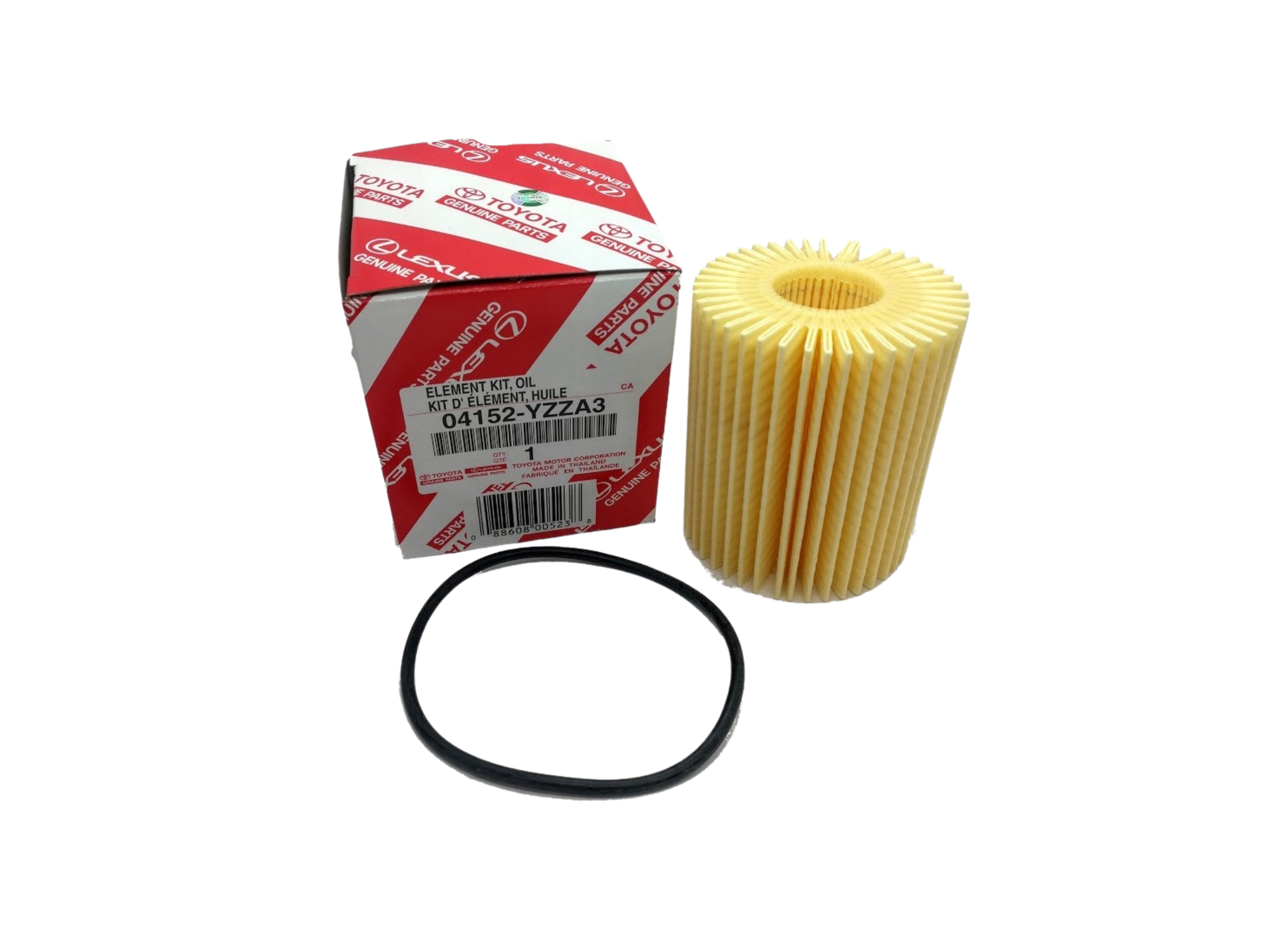 Na obrazie znajduje się żółty filtr oleju o cylindrycznym kształcie, czarna uszczelka oraz pudełko z logo Toyota i Lexus. Na pudełku widoczny jest tekst: \'ELEMENT KIT, OIL FILTER 04152-YZZA3\'.