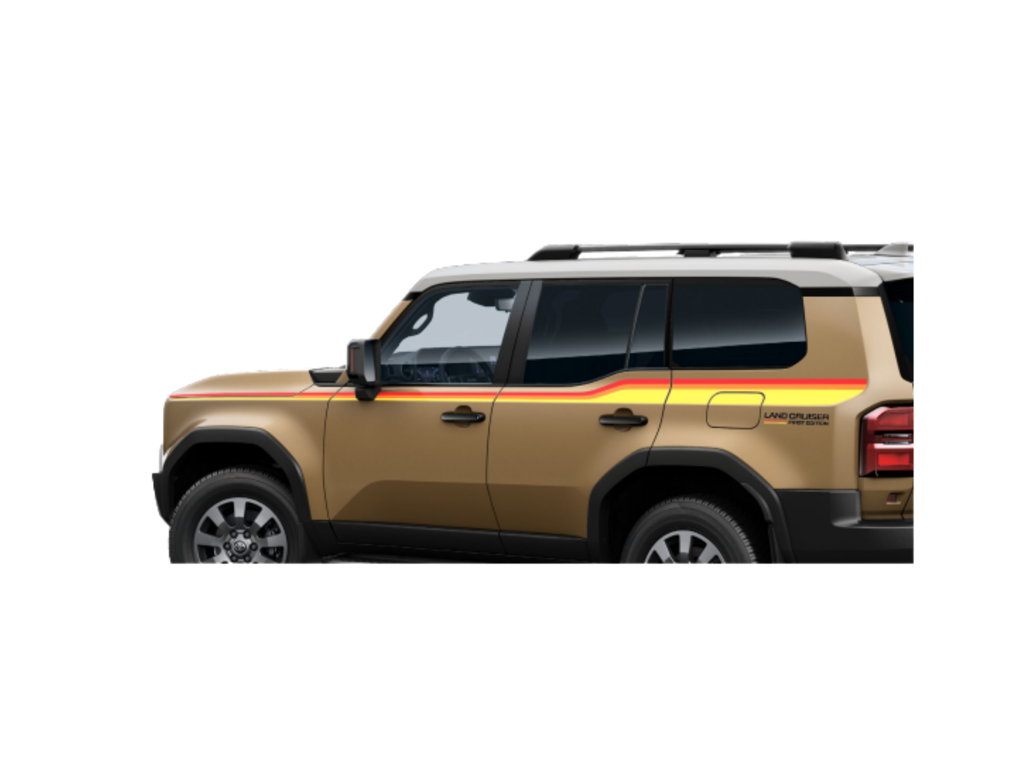 Samochód w kolorze brązowym z czarnymi elementami, posiadający żółto-czerwone naklejki boczne. Na drzwiach widoczny napis \'LAND CRUISER\'.